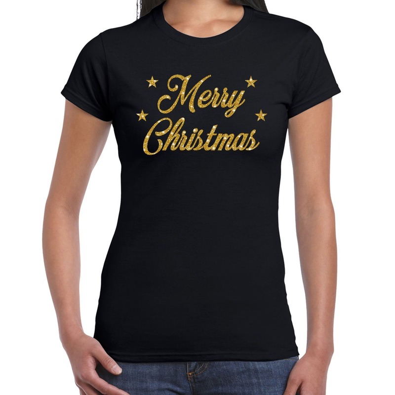 Fout kerst shirt merry Christmas goud-zwart voor dames