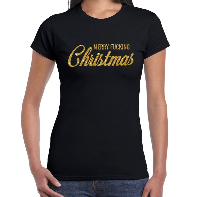 Fout kerst shirt Merry Fucking Christmas goud-zwart voor dames