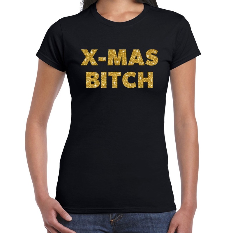 Fout kerst shirt X-mas bitch goud-zwart voor dames