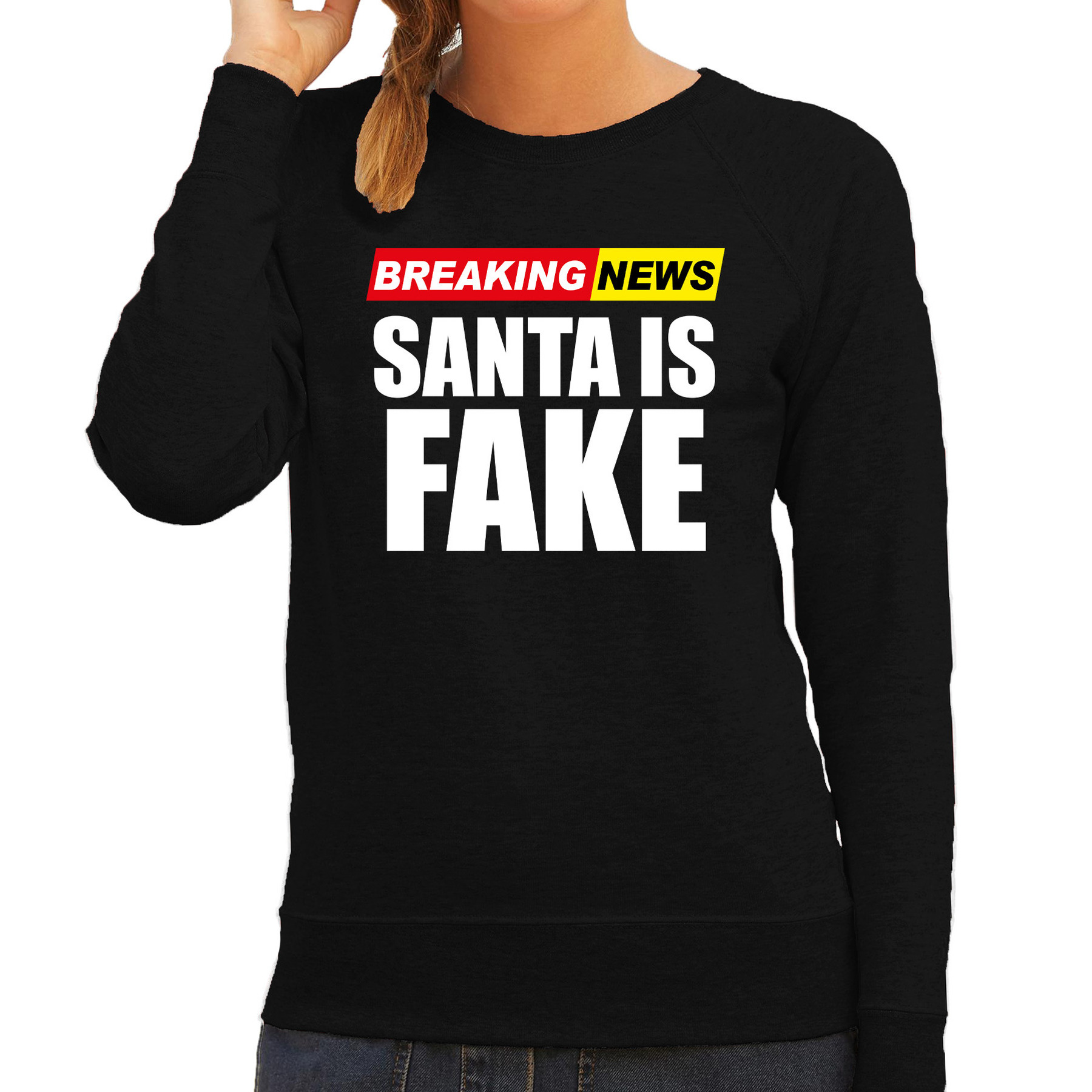 Foute humor Kersttrui breaking news fake Kerst sweater zwart voor dames