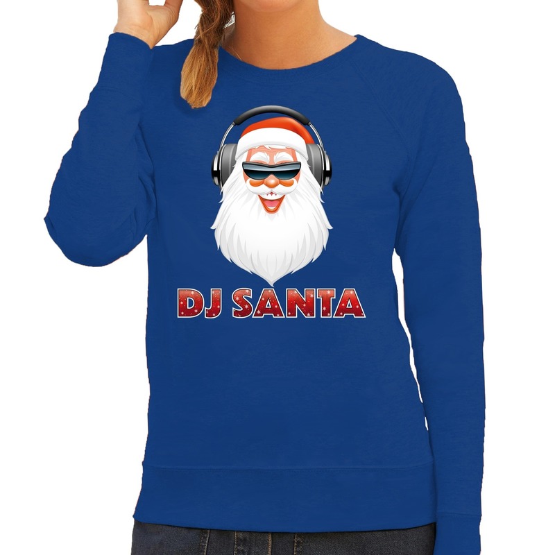 Foute kersttrui blauw DJ santa met koptelefoon voor dames