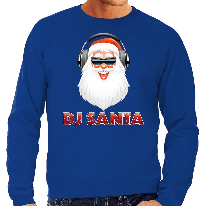 Foute Kersttrui DJ santa met koptelefoon blauw voor heren