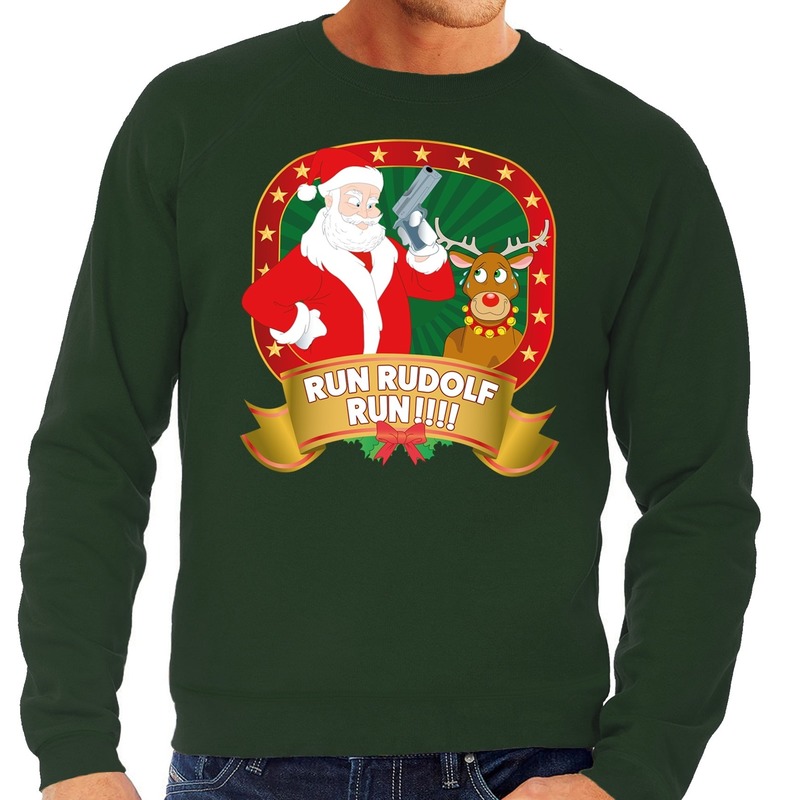 Foute kersttrui groen Run Rudolf Run voor heren