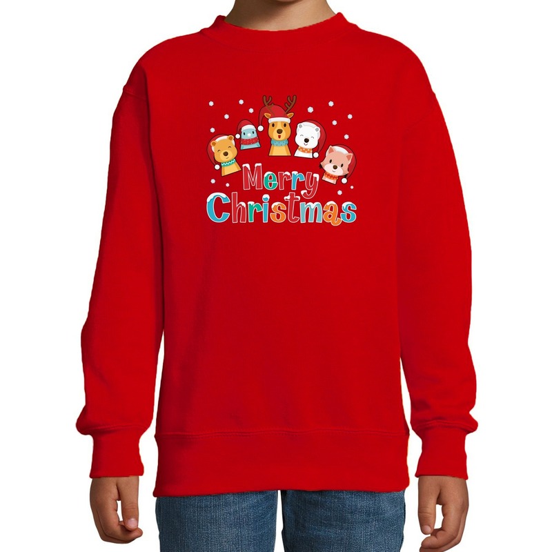 Foute kersttrui - sweater dieren Merry christmas rood kids