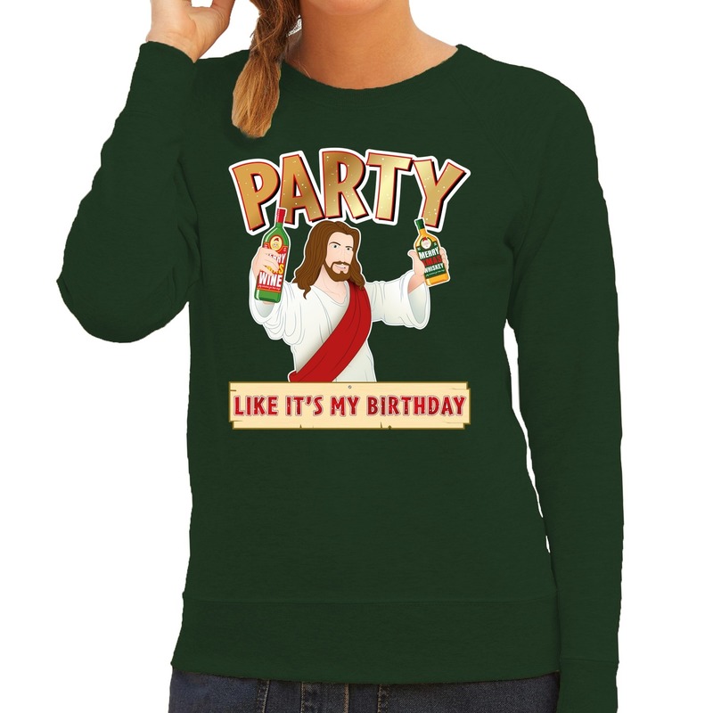 Foute kersttrui - sweater Party like its my birthday groen dames
