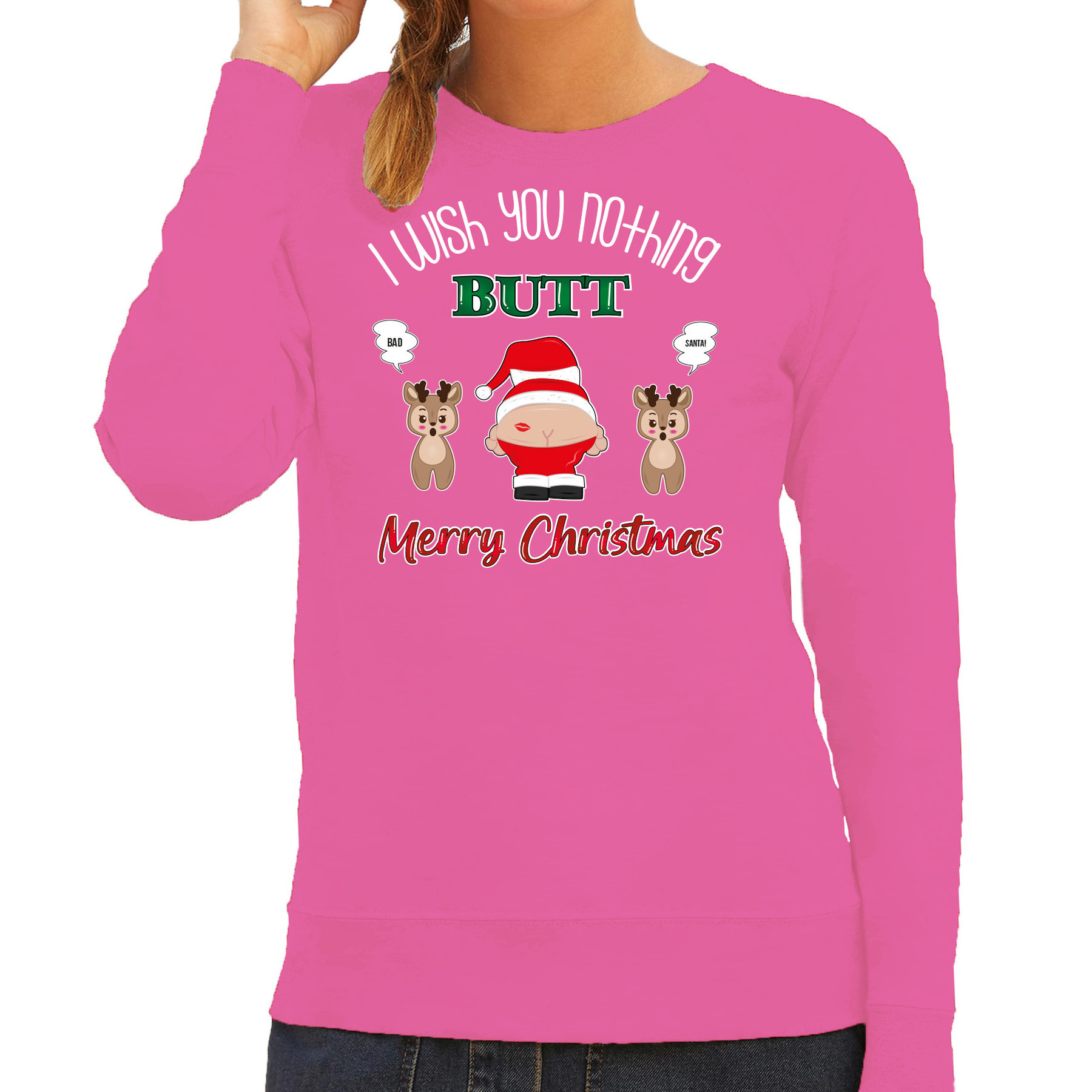 Foute Kersttrui-sweater voor dames I Wish You Nothing Butt Merry Christmas roze Kerstman