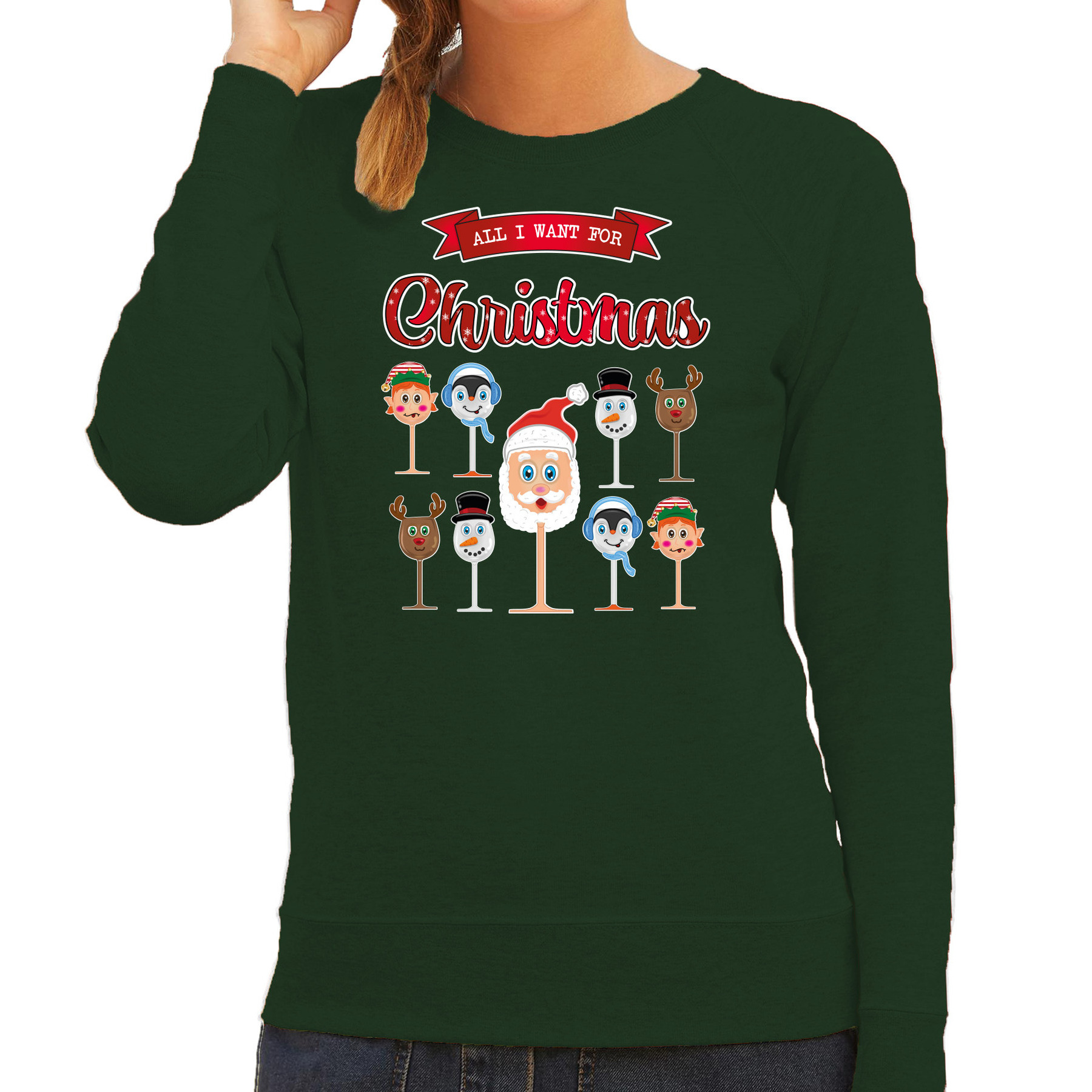 Foute Kersttrui-sweater voor dames Kerst Wijn groen All I Want For Christmas