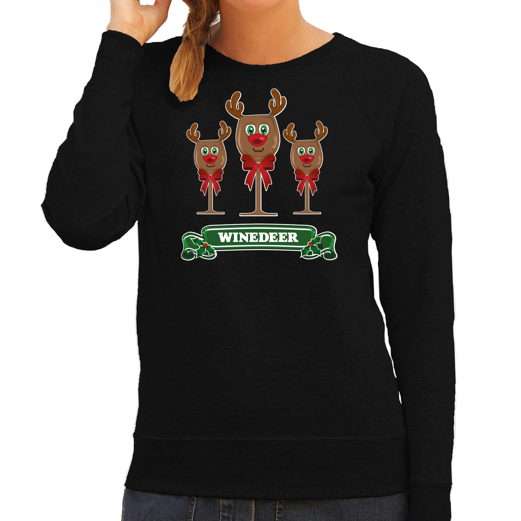 Foute Kersttrui-sweater voor dames winedeer zwart wijn rendier Rudolf