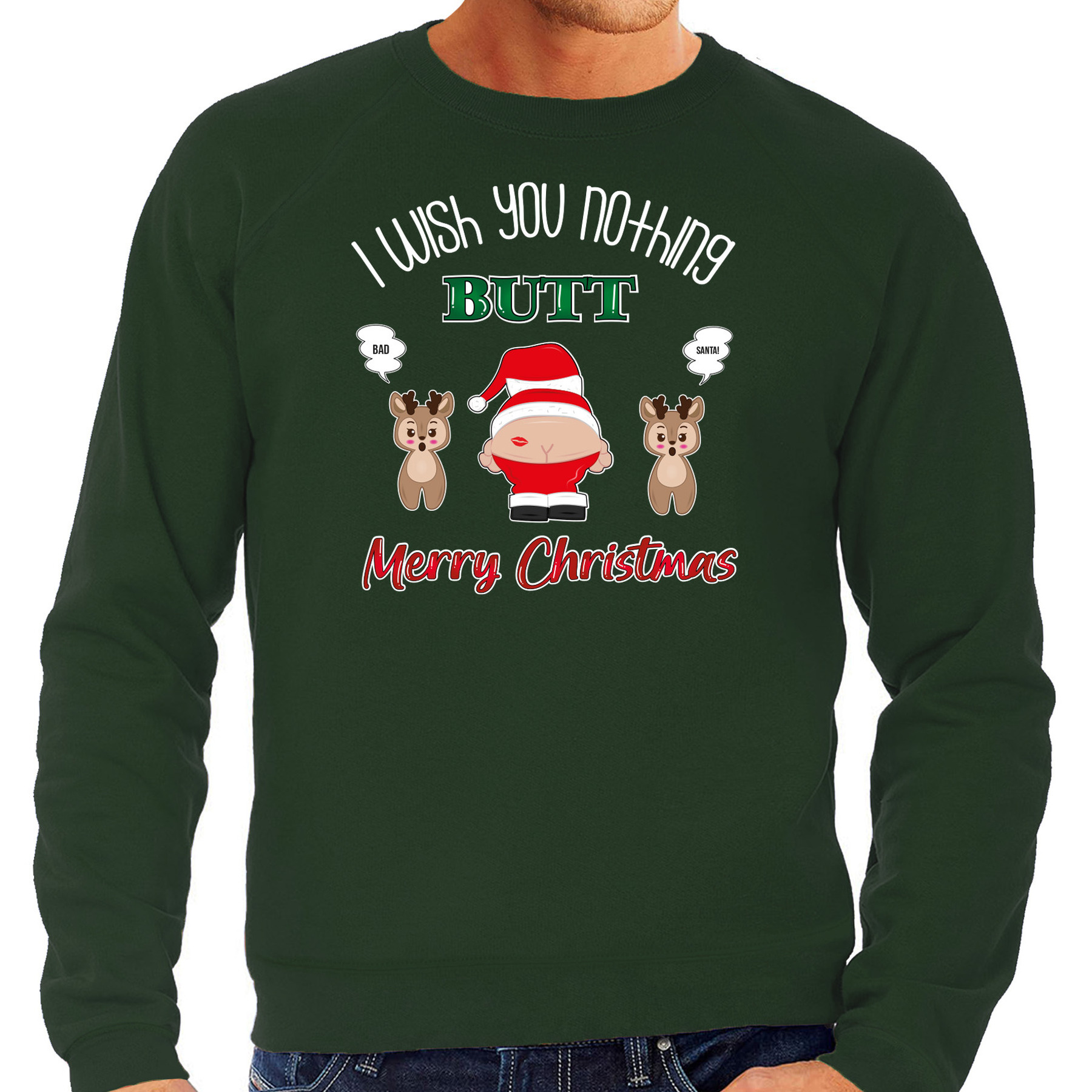 Foute Kersttrui-sweater voor heren I Wish You Nothing Butt Merry Christmas groen Kerstman