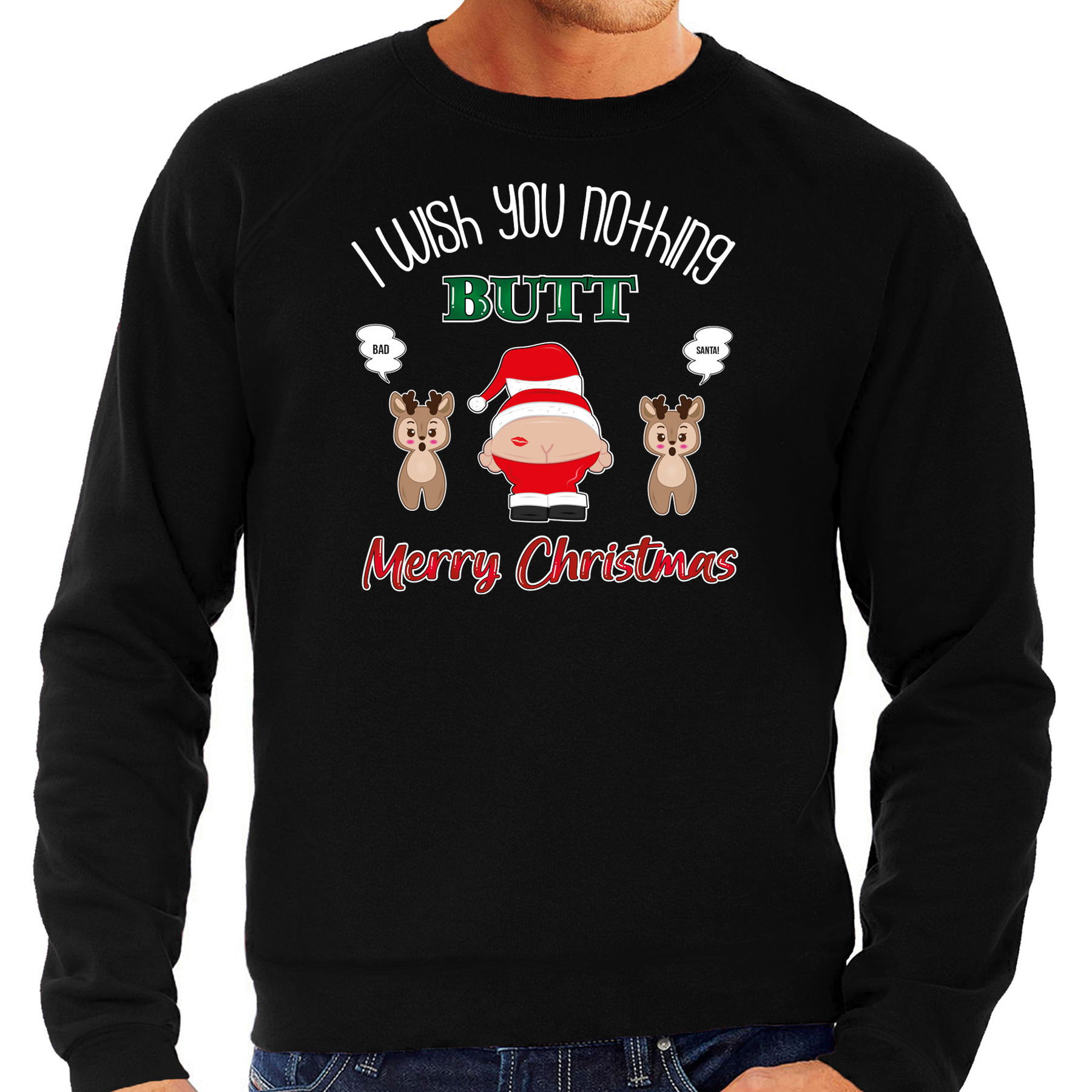 Foute Kersttrui-sweater voor heren I Wish You Nothing Butt Merry Christmas zwart Kerstman