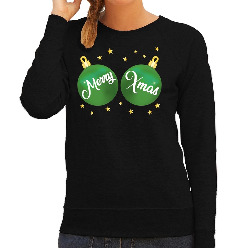 Foute kersttrui-sweater zwart met groene Merry Xmas dames
