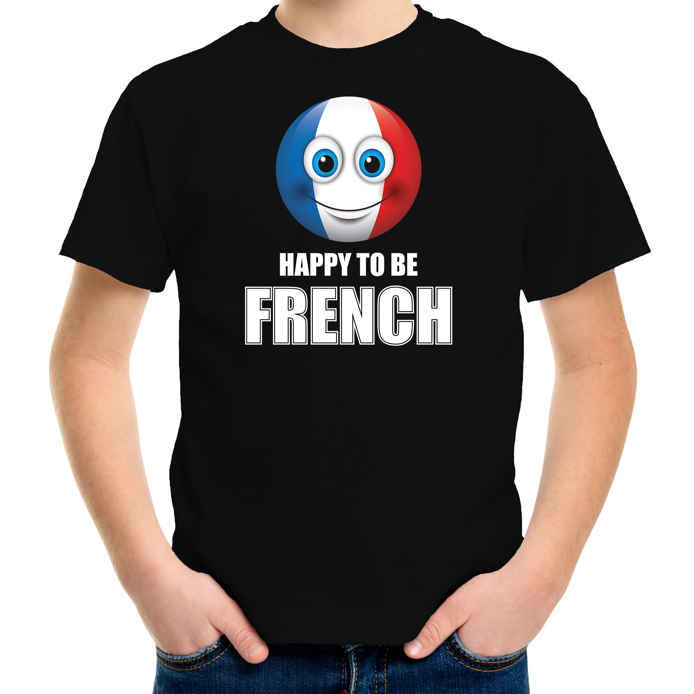Frankrijk Emoticon Happy to be French landen t-shirt zwart kinderen
