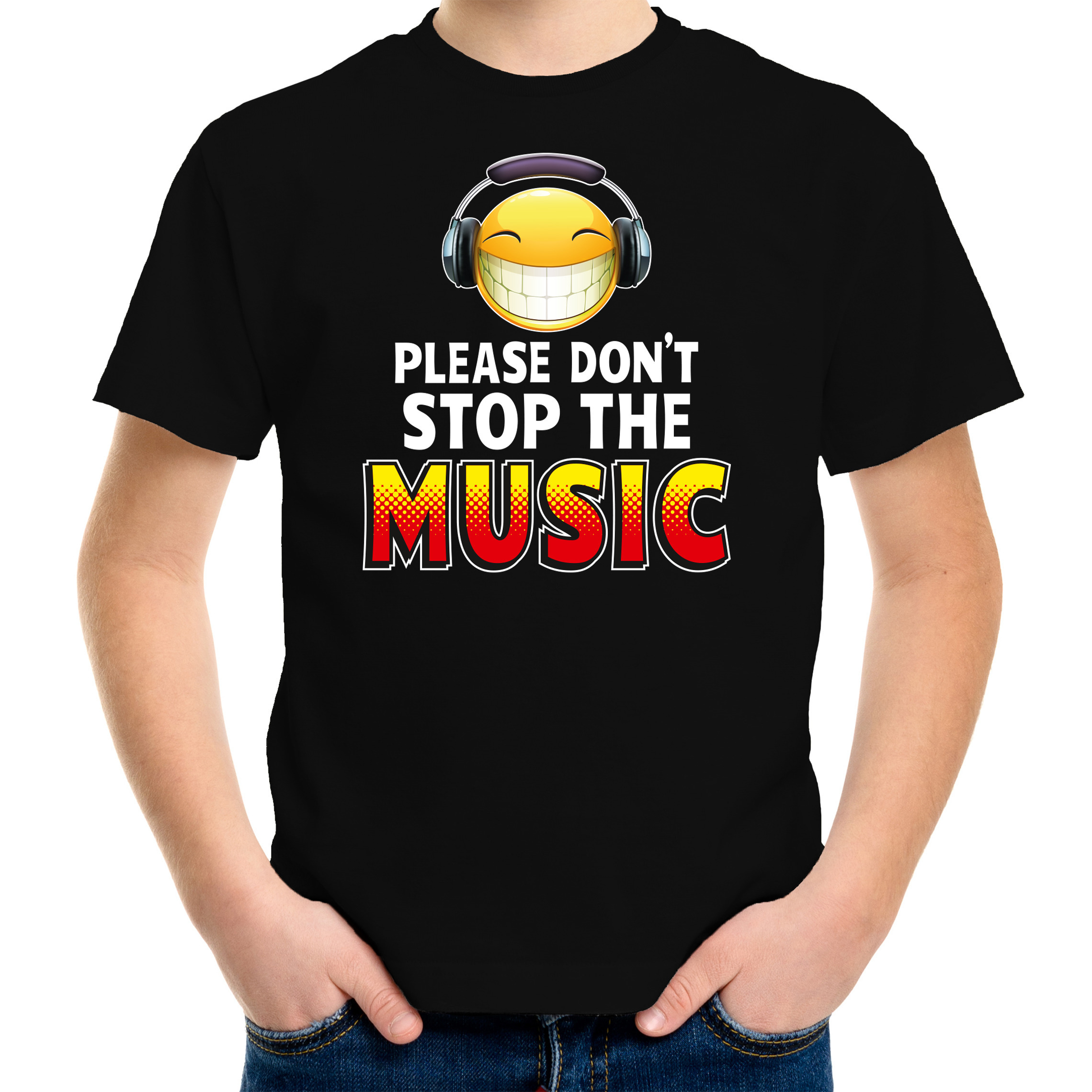 Funny emoticon t-shirt Please dont stop the music zwart kids