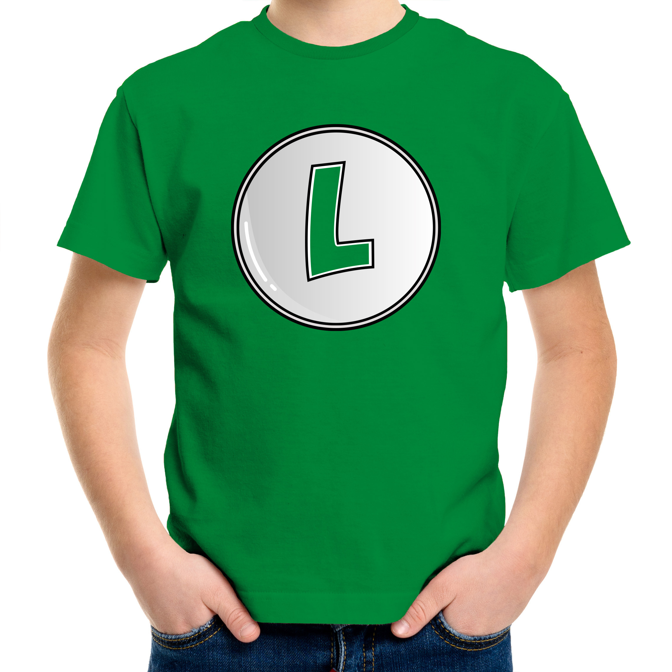 Game verkleed t-shirt voor kinderen loodgieter Luigi groen carnaval-themafeest kostuum