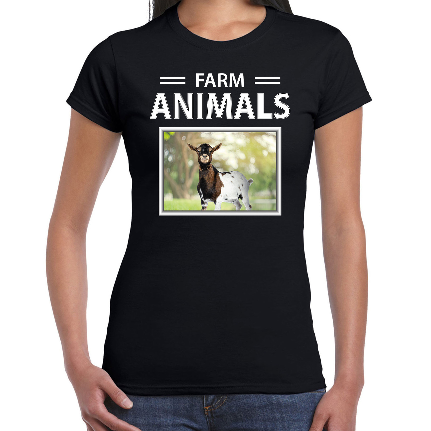 Geiten t-shirt met dieren foto farm animals zwart voor dames