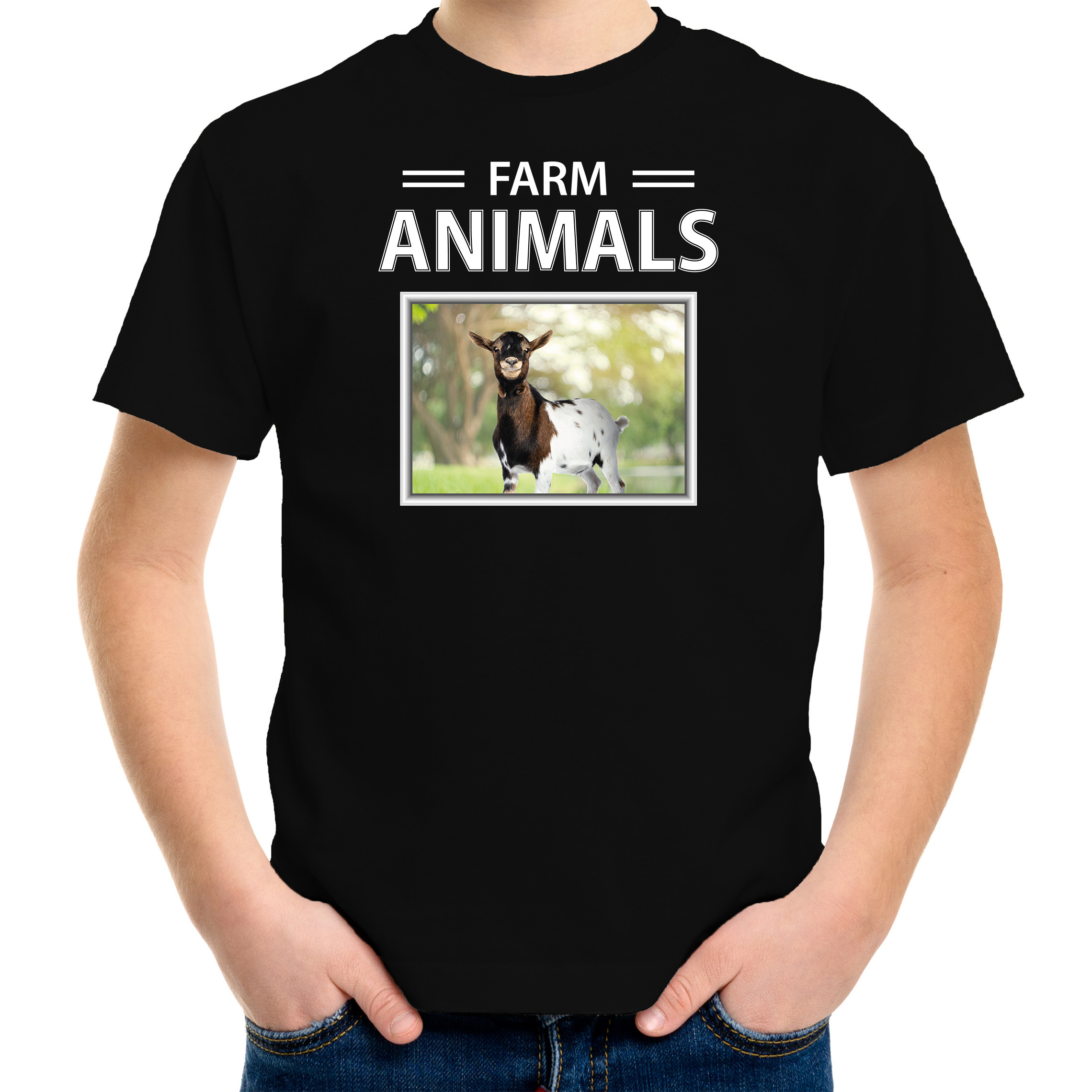 Geiten t-shirt met dieren foto farm animals zwart voor kinderen