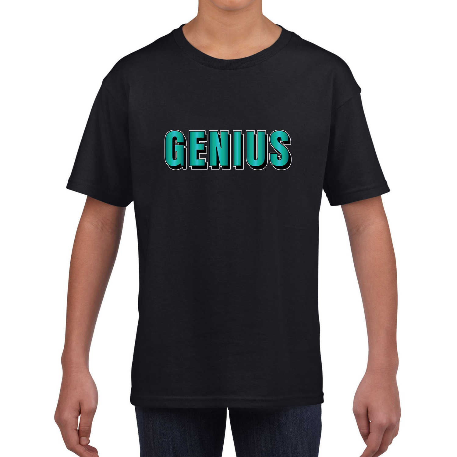 Genius tekst zwart t-shirt blauwe/groene letters voor kinderen