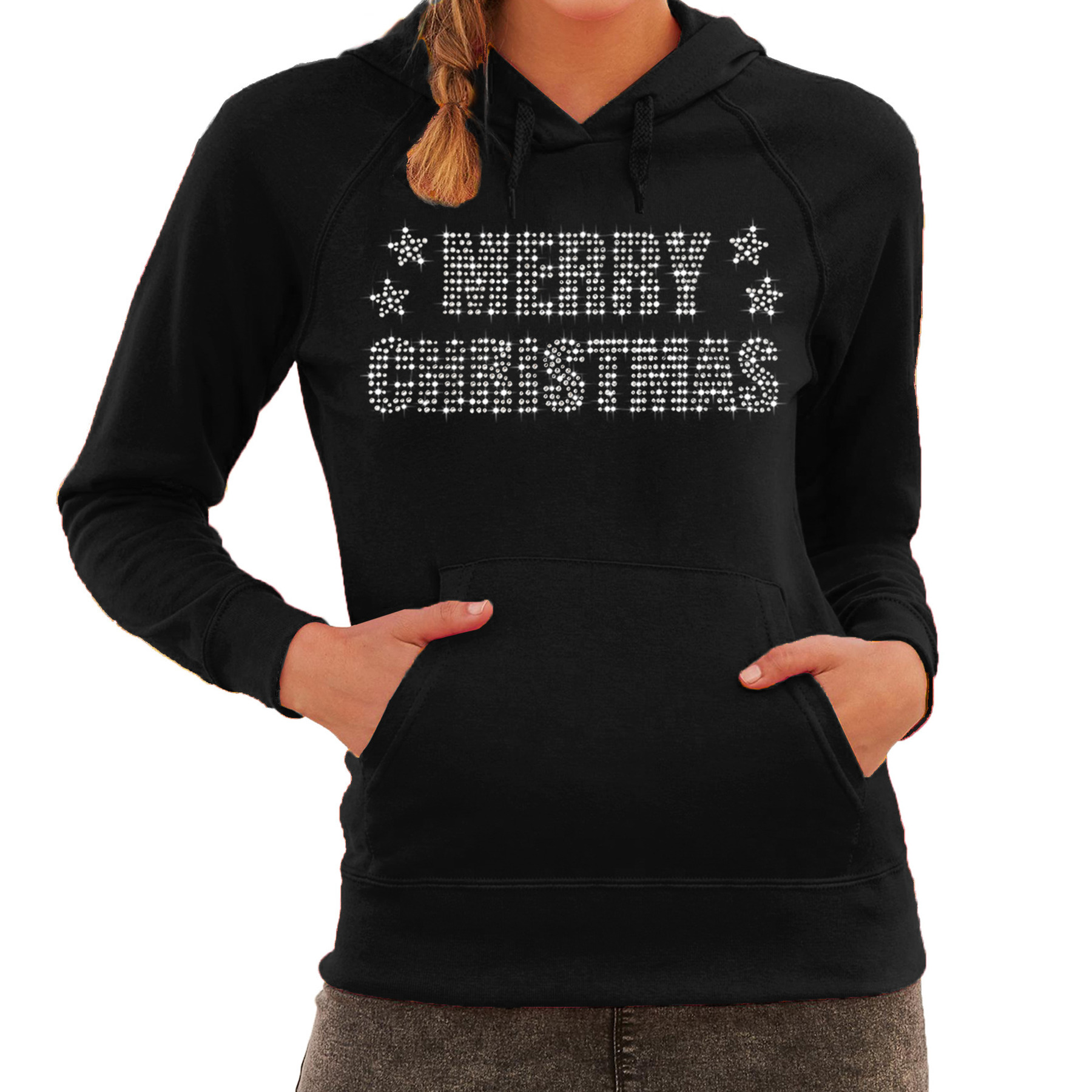 Glitter foute kersttrui hoodie zwart Merry Christmas glitter steentjes voor dames Capuchon trui
