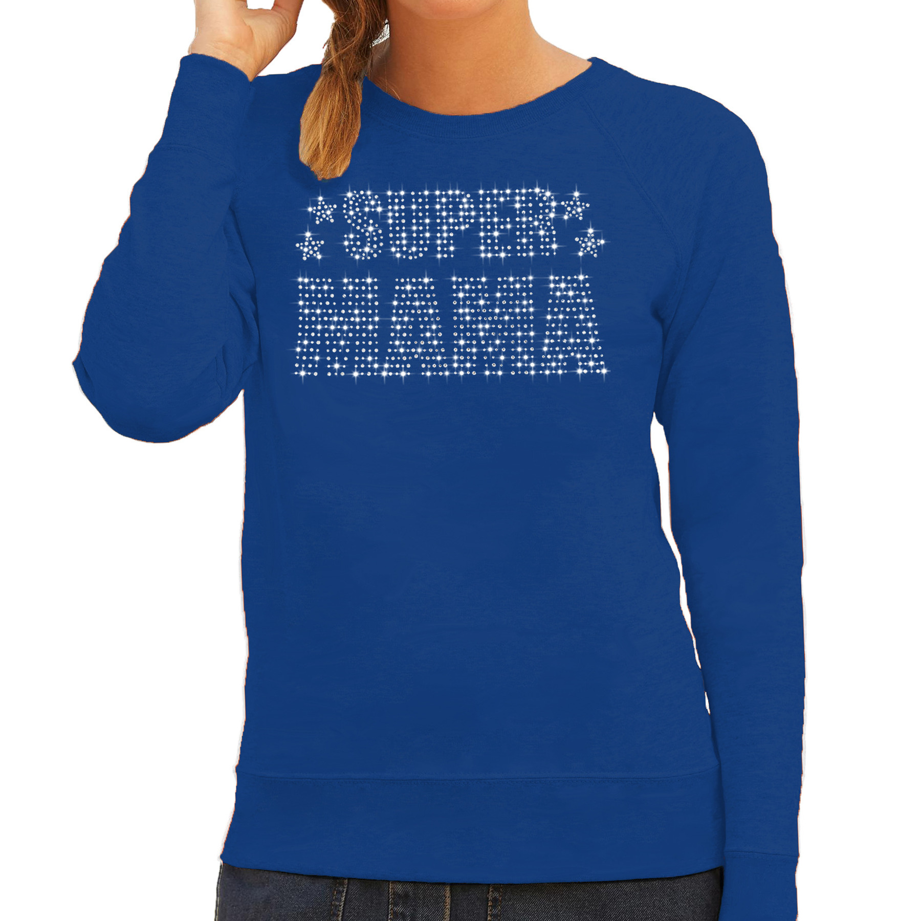 Glitter Super Mama sweater blauw Moederdag cadeau rhinestones steentjes voor dames