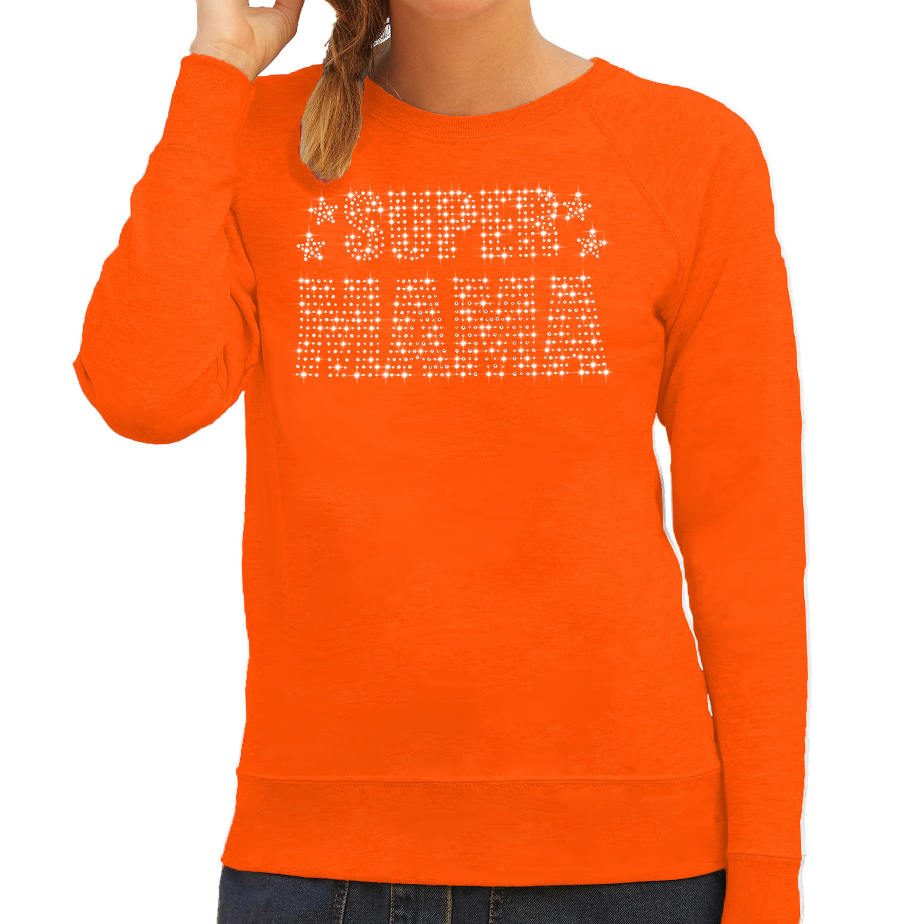 Glitter Super Mama sweater oranje Moederdag cadeau rhinestones steentjes voor dames