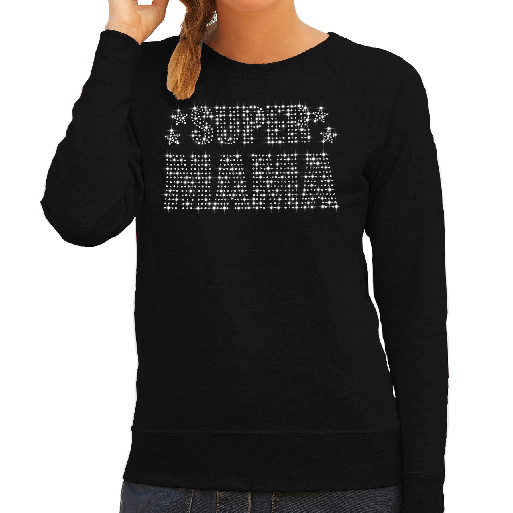Glitter Super Mama sweater zwart Moederdag cadeau rhinestones steentjes voor dames