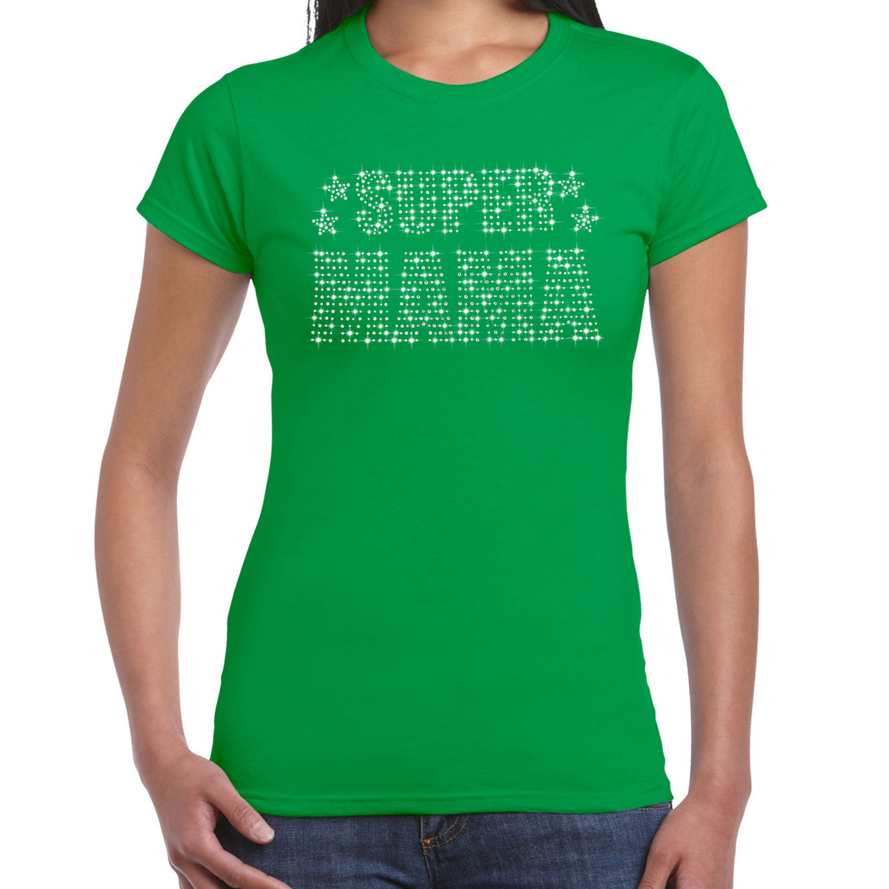 Glitter Super Mama t-shirt groen Moederdag cadeau rhinestones steentjes voor dames