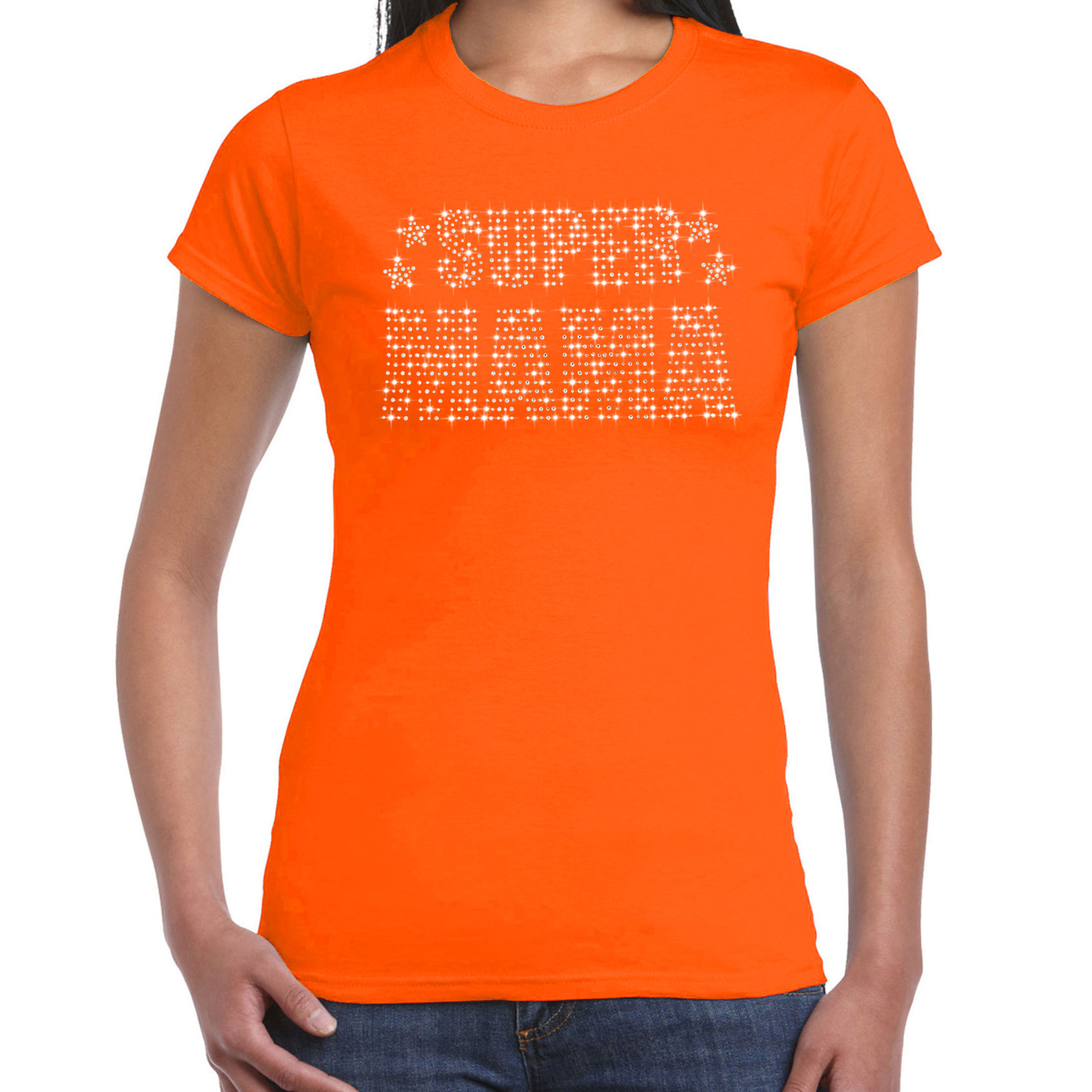 Glitter Super Mama t-shirt oranje Moederdag cadeau rhinestones steentjes voor dames