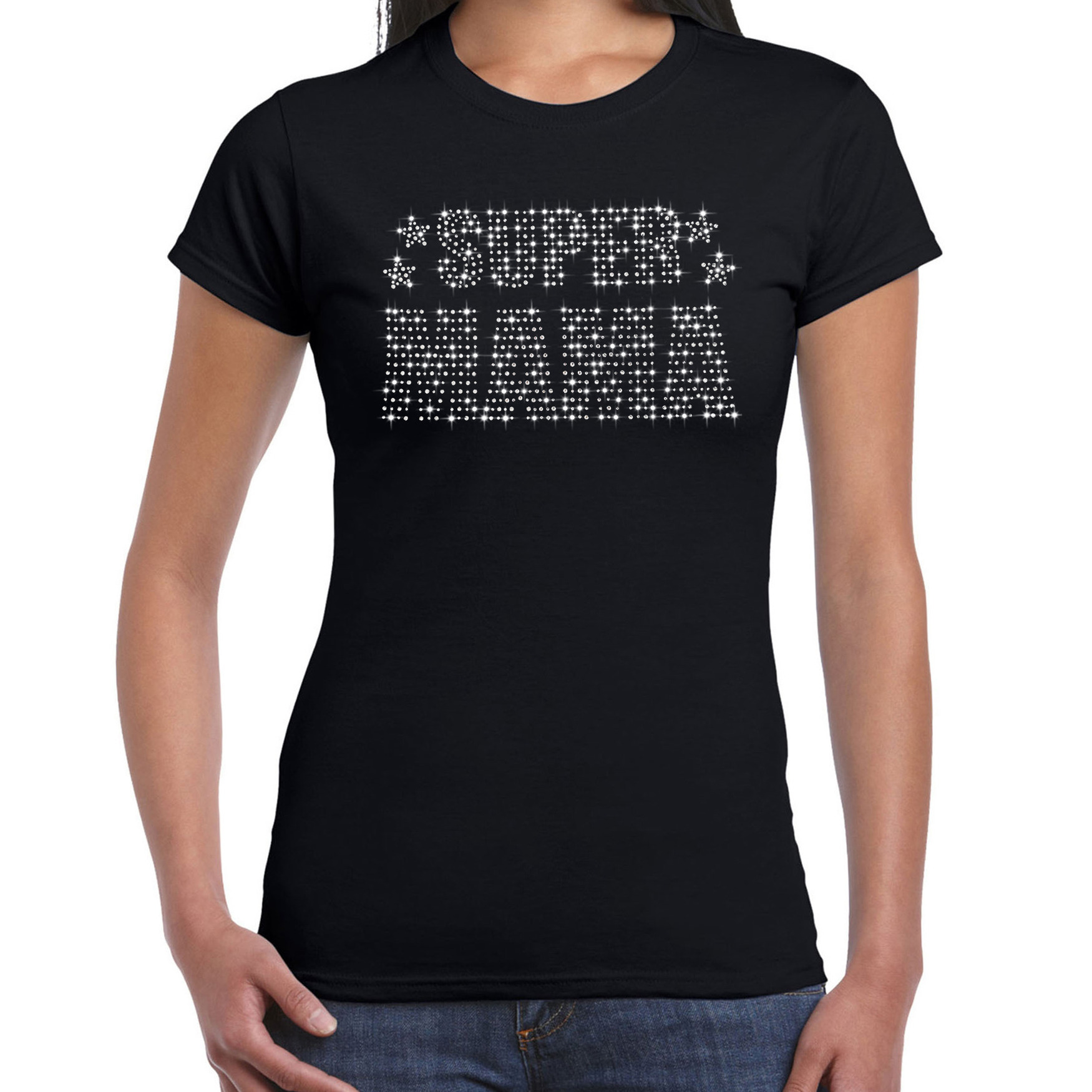 Glitter Super Mama t-shirt zwart Moederdag cadeau rhinestones steentjes voor dames