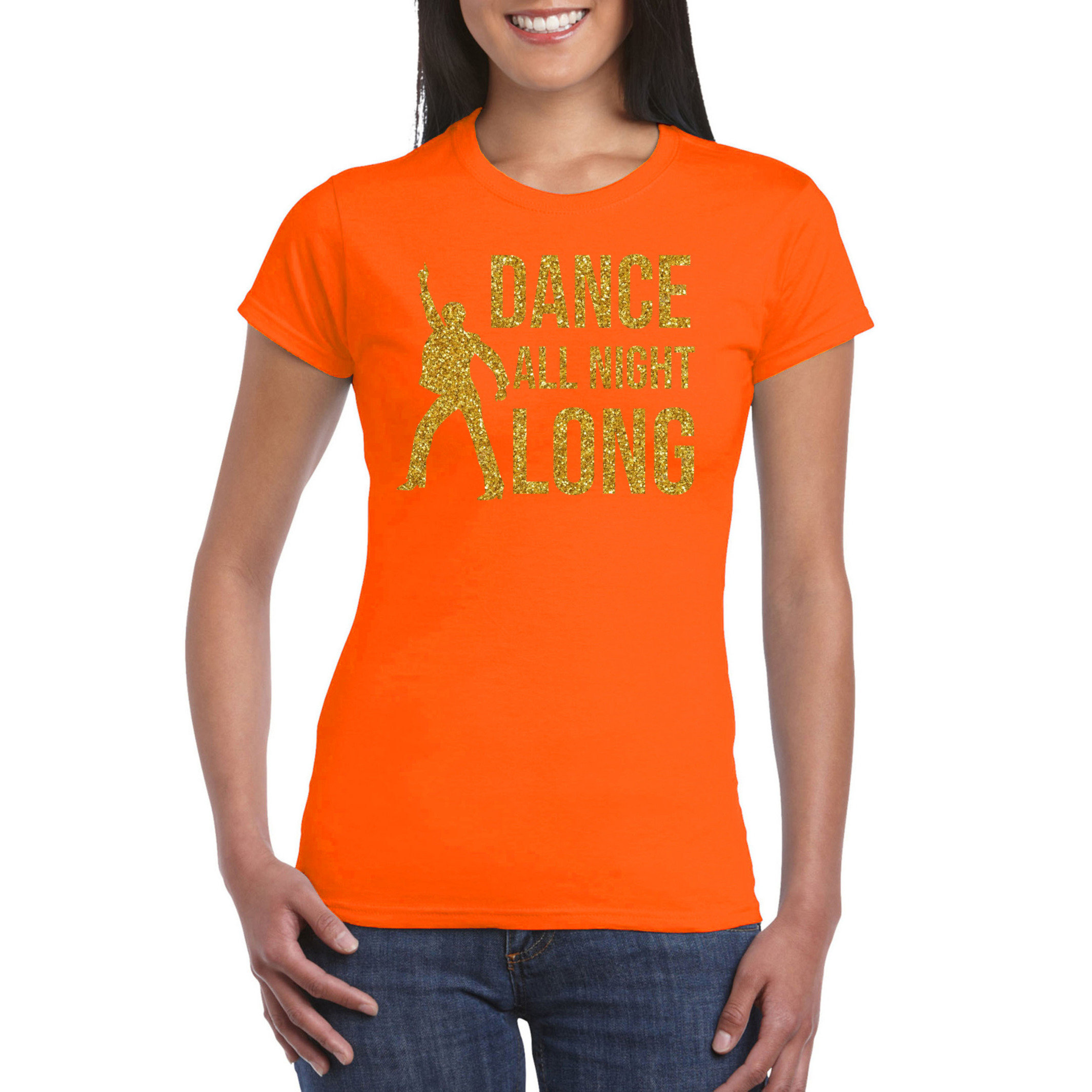Gouden muziek t-shirt-shirt Dance all night long oranje dames