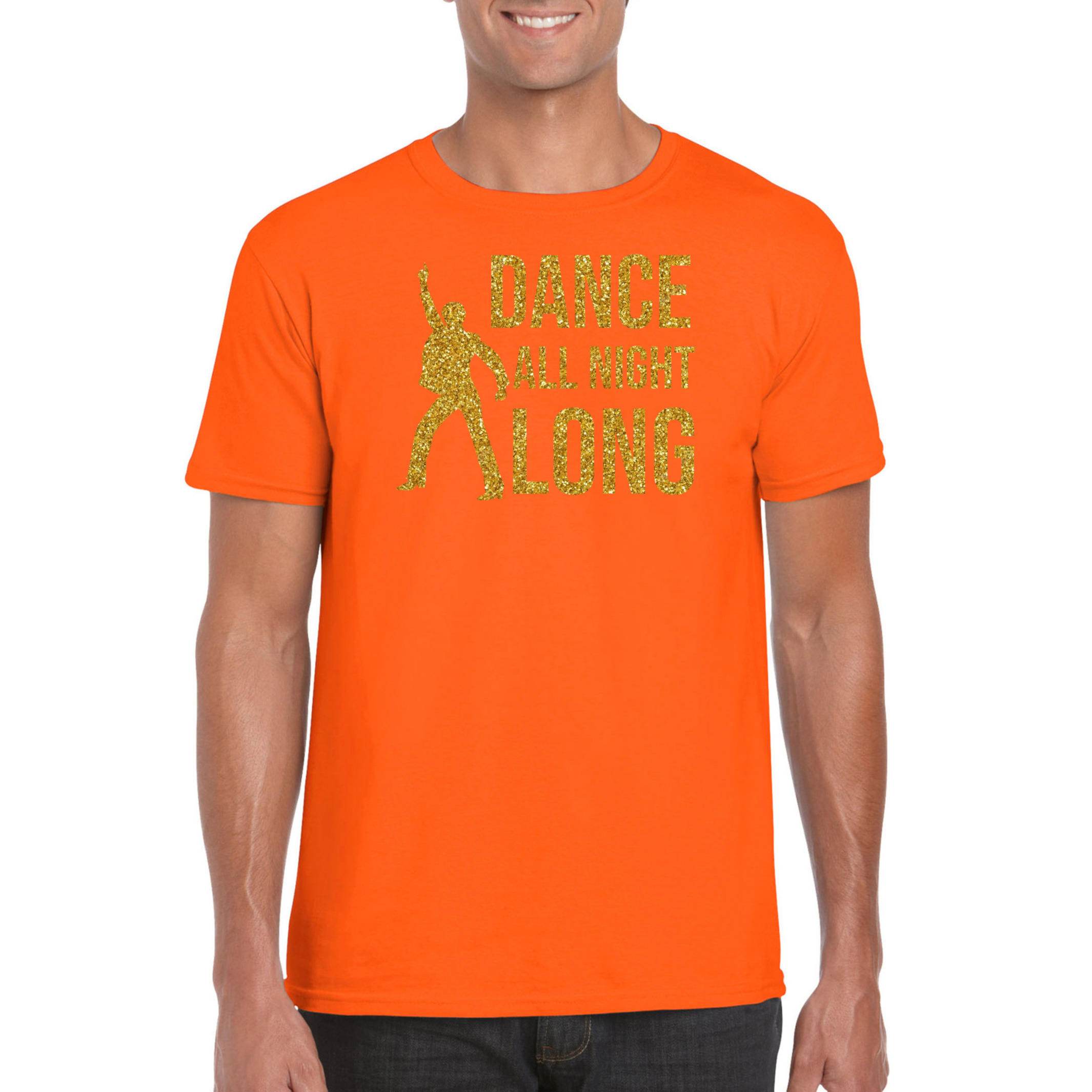Gouden muziek t-shirt-shirt Dance all night long oranje heren