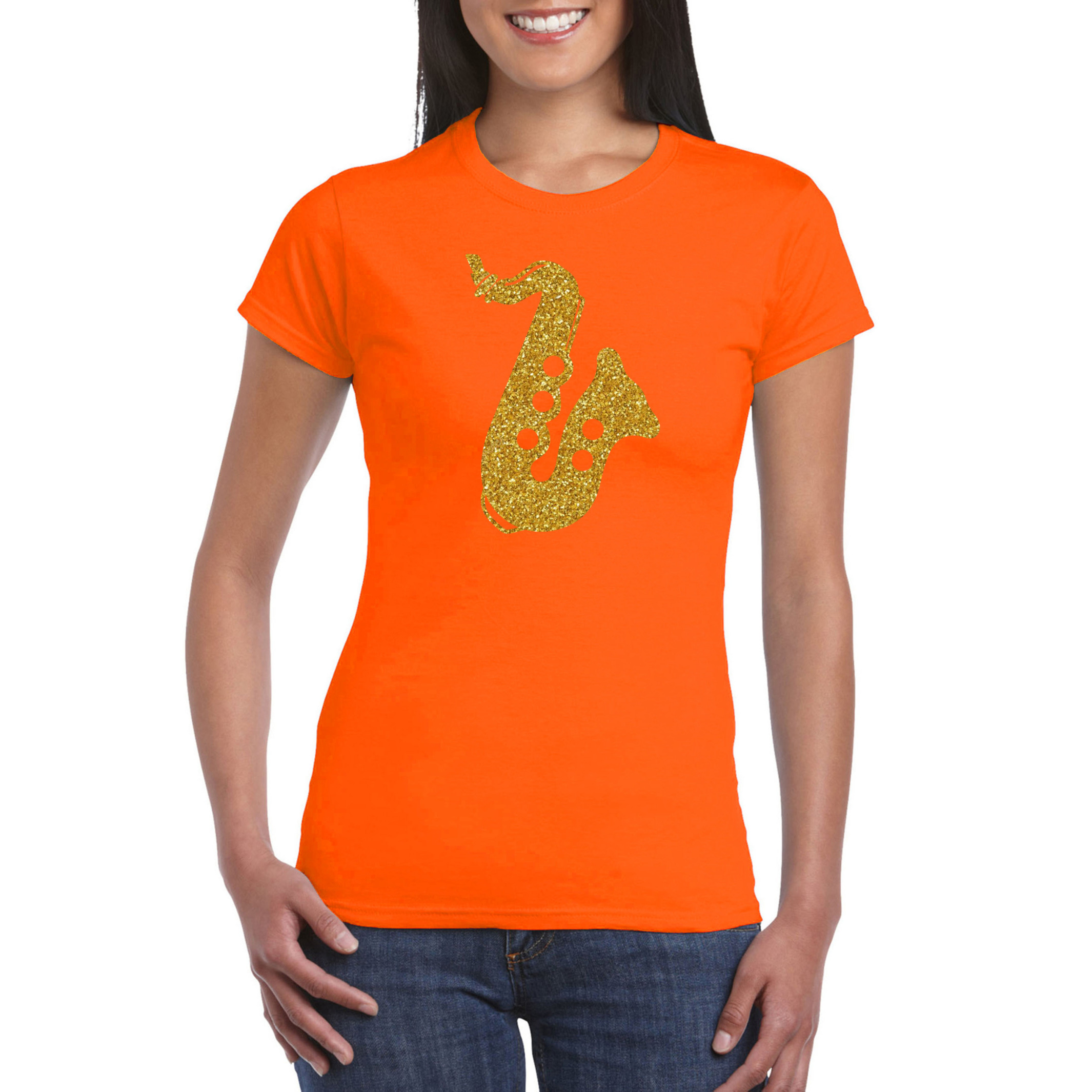 Gouden saxofoon-muziek t-shirt-kleding oranje dames