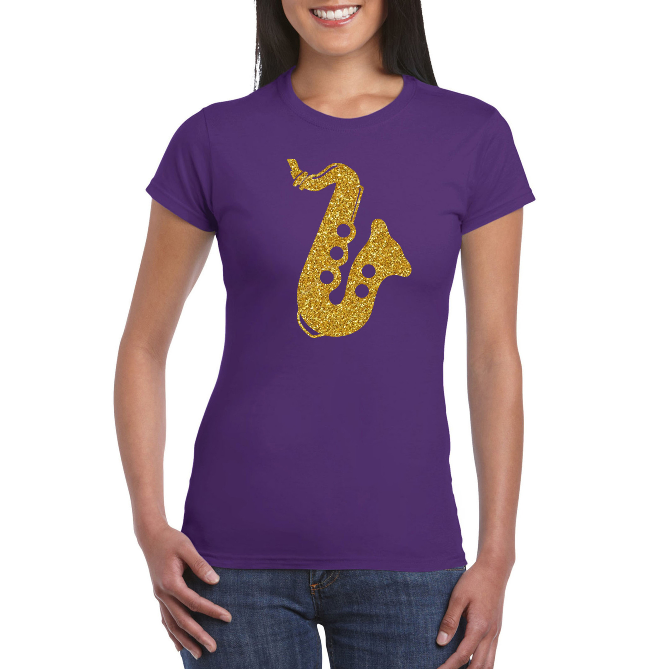 Gouden saxofoon-muziek t-shirt-kleding paars dames