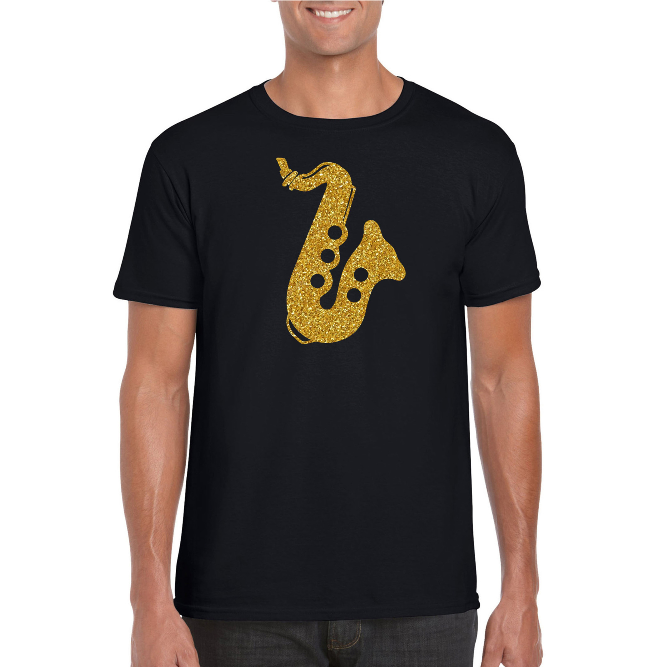 Gouden saxofoon - muziek t-shirt - kleding zwart heren