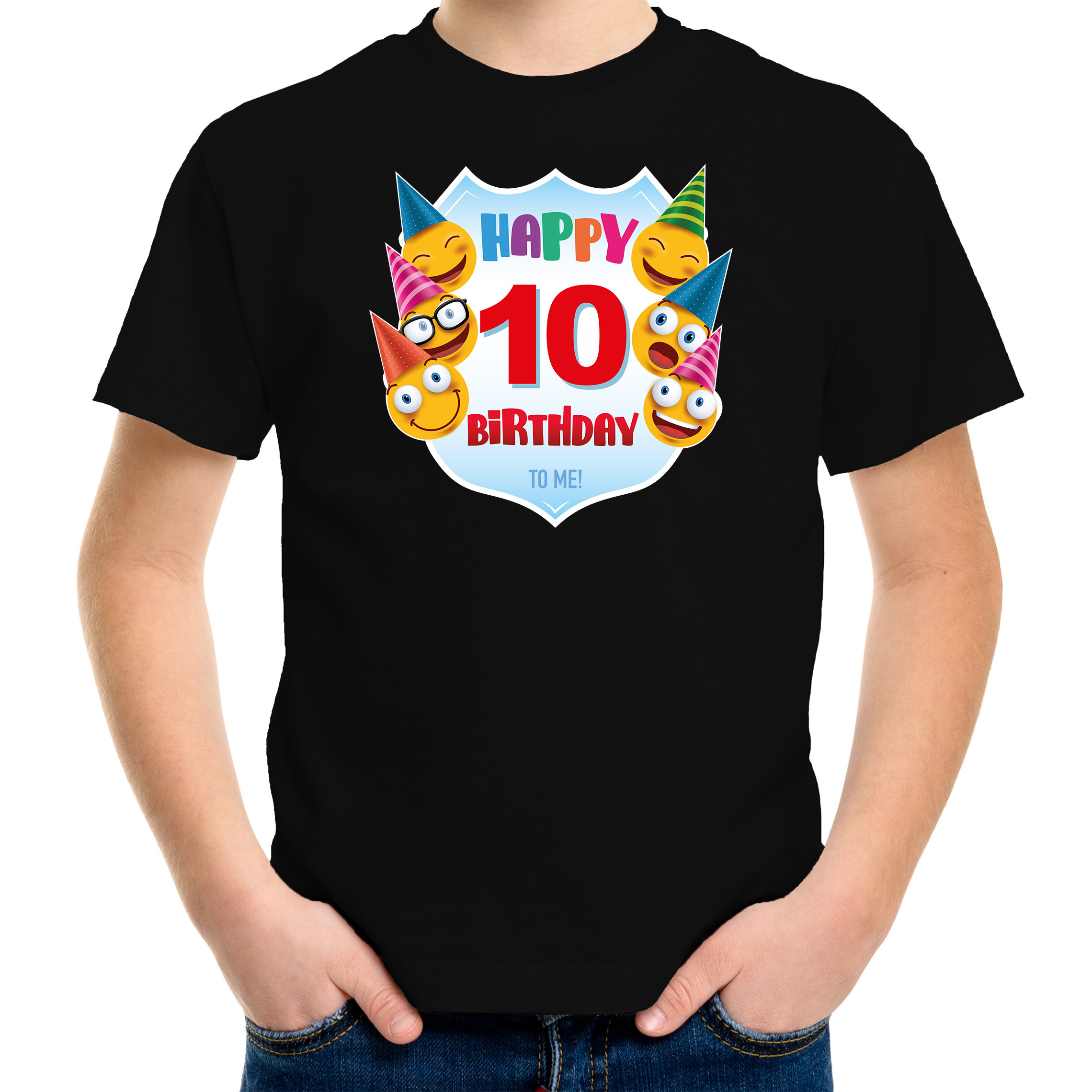 Happy birthday 10e verjaardag t-shirt - shirt 10 jaar met emoticons zwart voor kinderen
