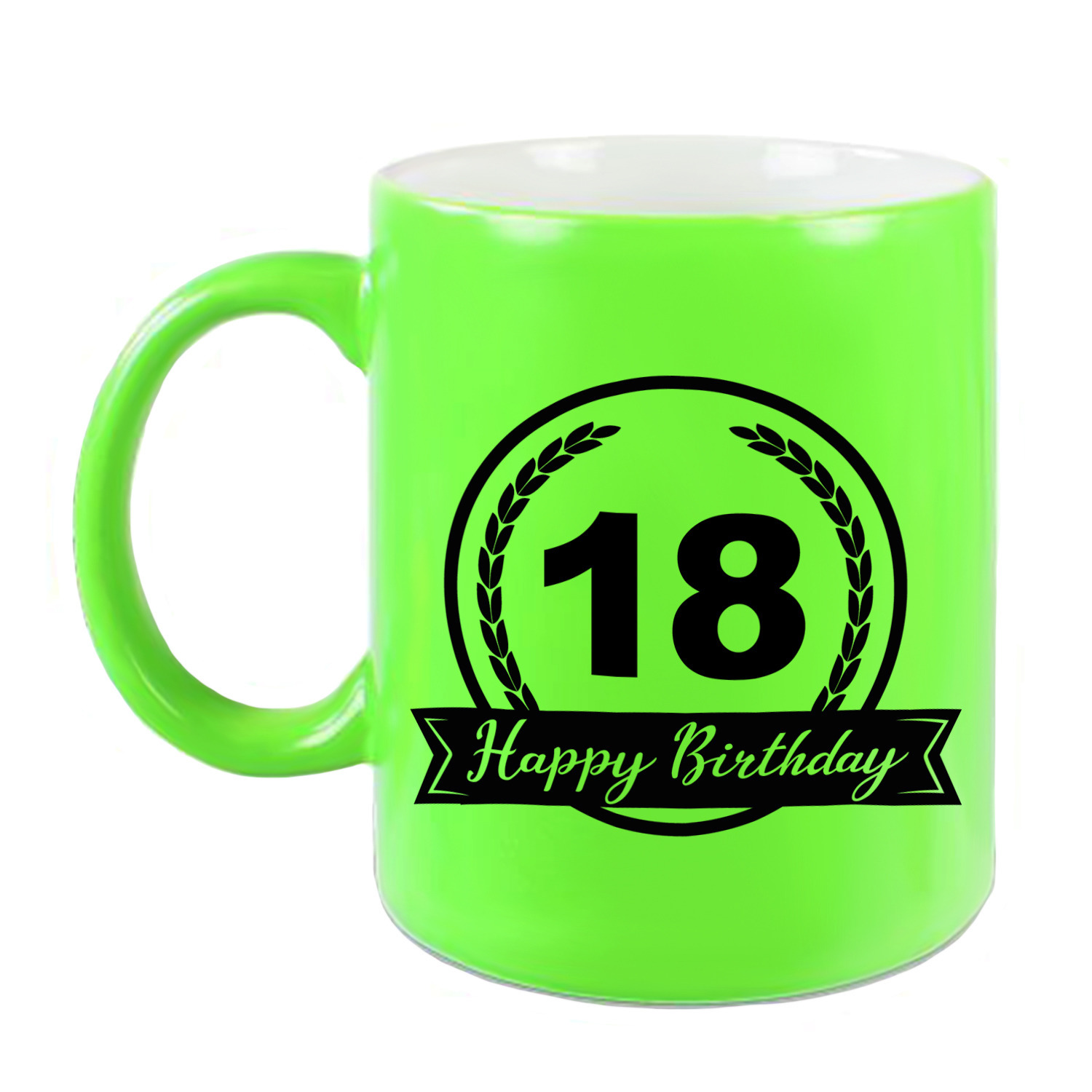 Happy Birthday 18 years cadeau mok-beker neon groen met wimpel 330 ml