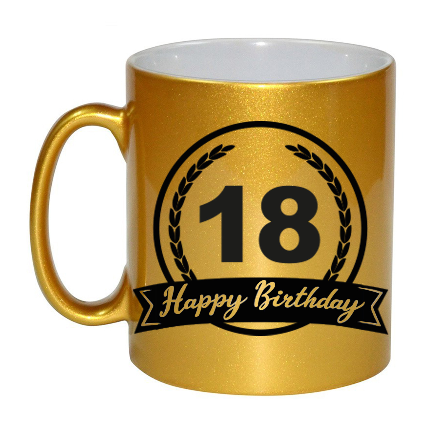 Happy Birthday 18 years gouden cadeau mok-beker met wimpel 330 ml