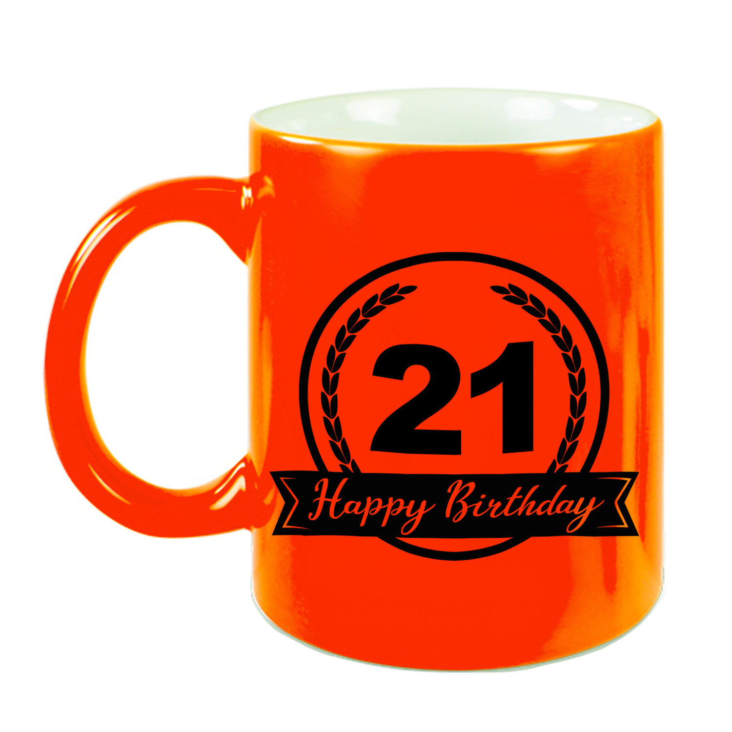 Happy Birthday 21 years cadeau mok-beker neon oranje met wimpel 330 ml