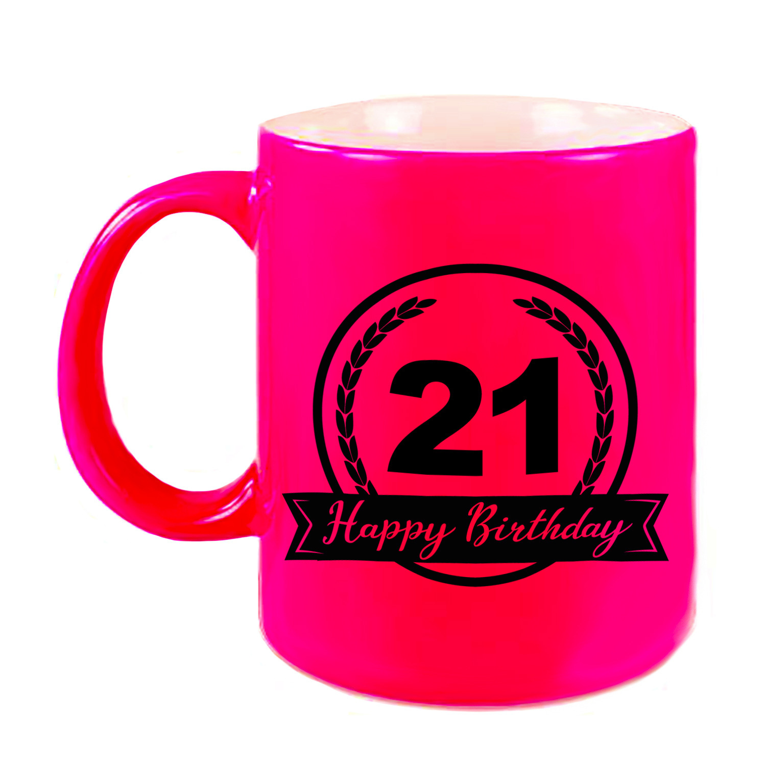 Happy Birthday 21 years cadeau mok-beker neon roze met wimpel 330 ml