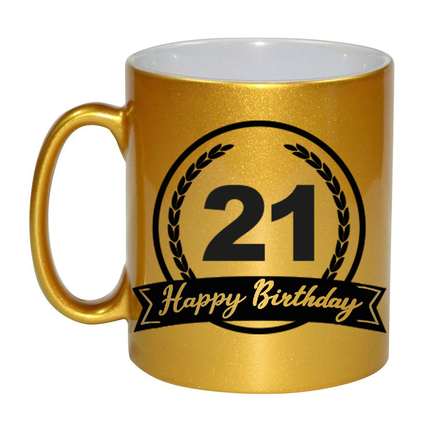 Happy Birthday 21 years gouden cadeau mok-beker met wimpel 330 ml