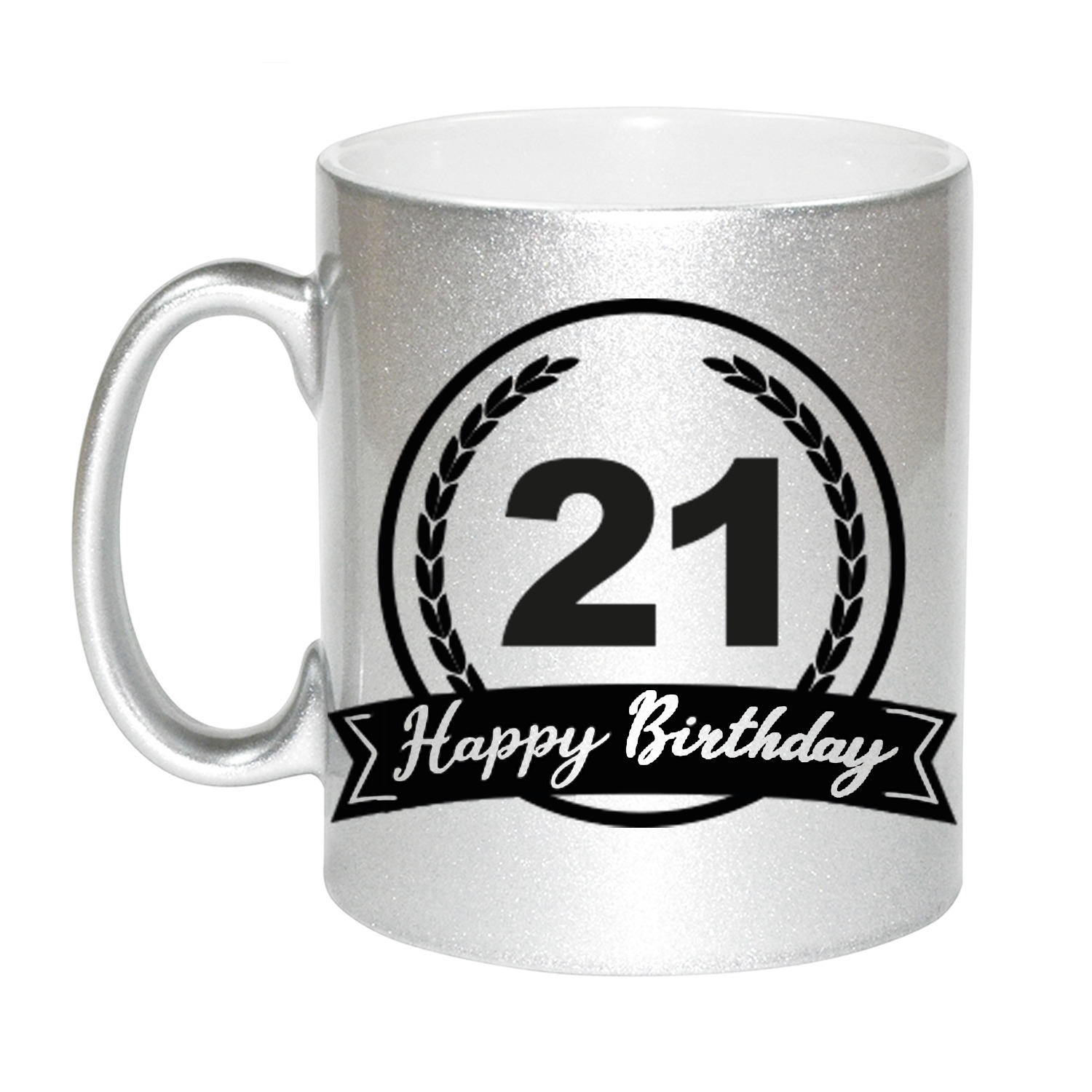 Happy Birthday 21 years zilveren cadeau mok-beker met wimpel 330 ml