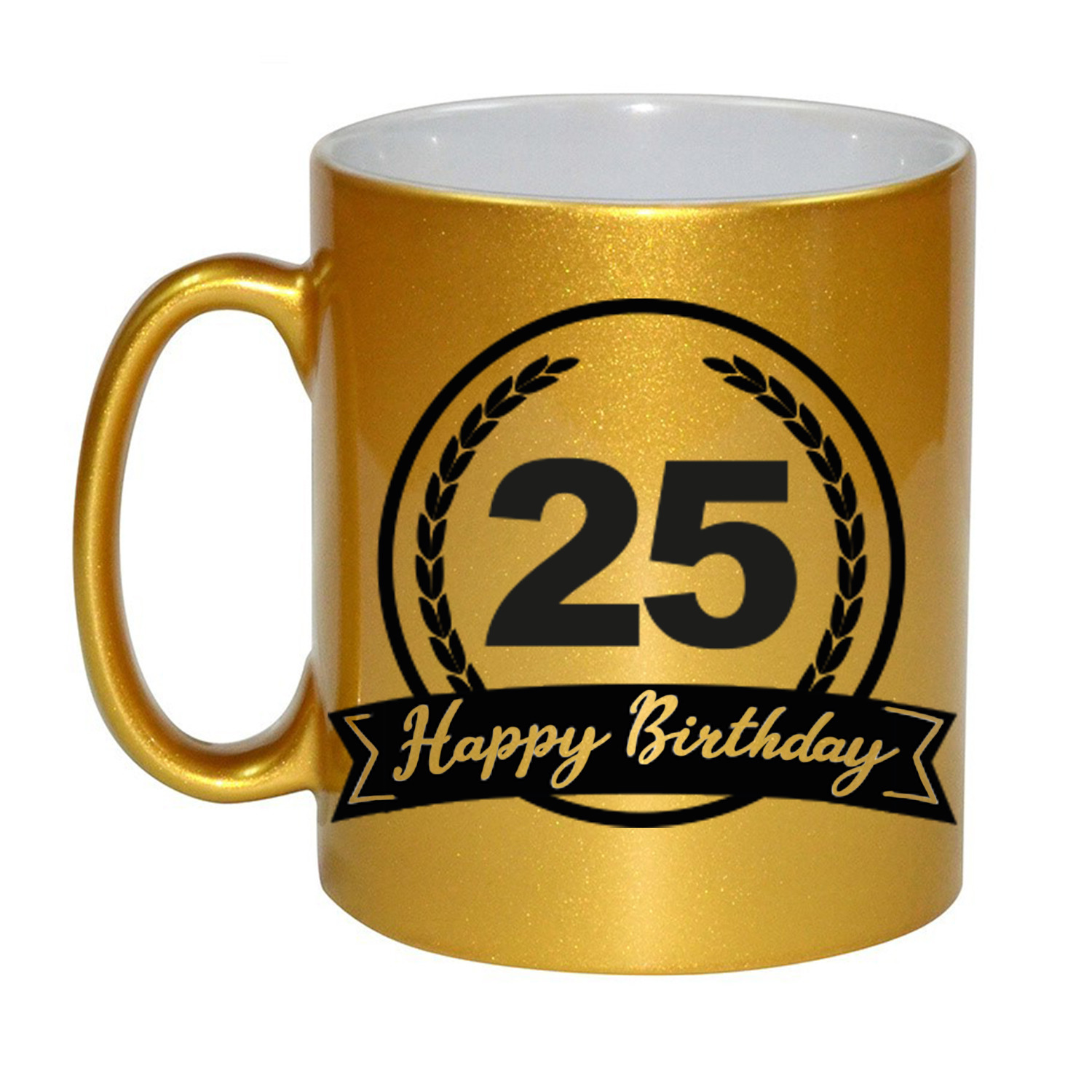 Happy Birthday 25 years gouden cadeau mok-beker met wimpel 330 ml