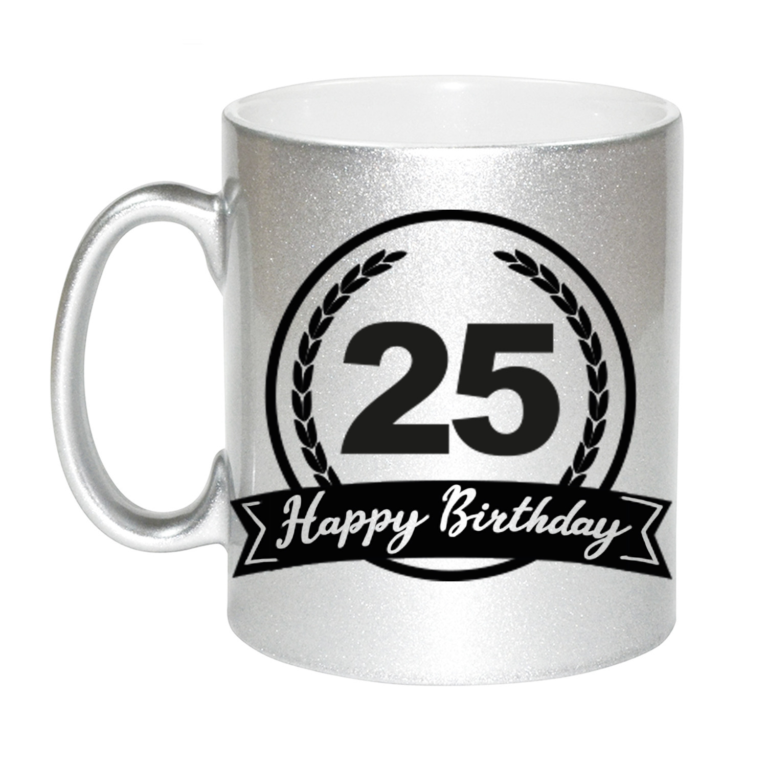 Happy Birthday 25 years zilveren cadeau mok-beker met wimpel 330 ml