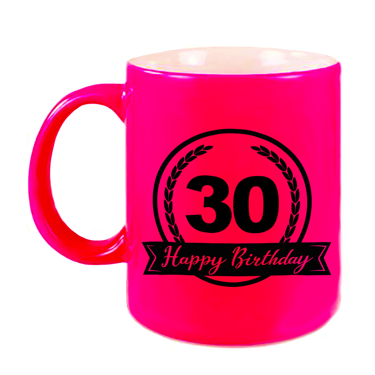 Happy Birthday 30 years cadeau mok-beker neon roze met wimpel 330 ml