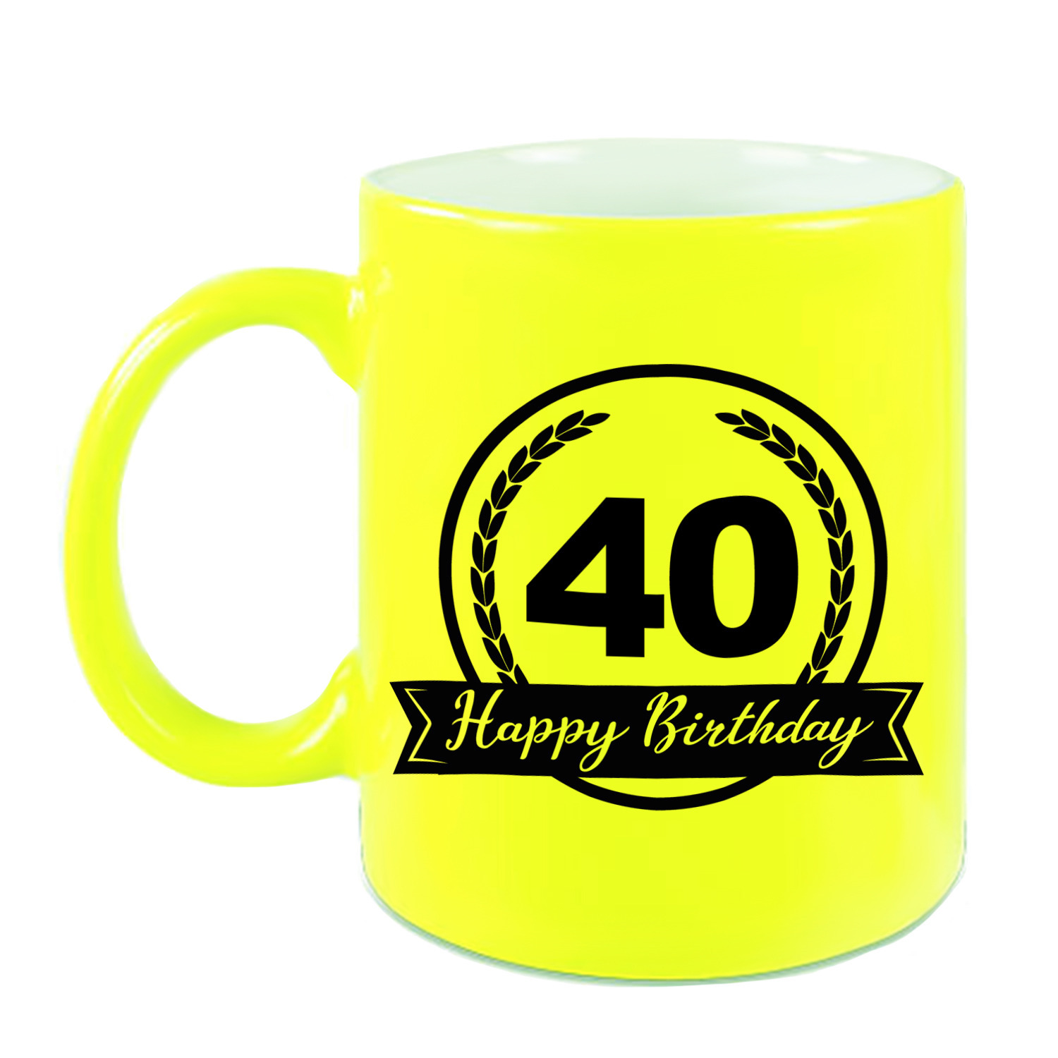 Happy Birthday 40 years cadeau mok-beker neon geel met wimpel 330 ml