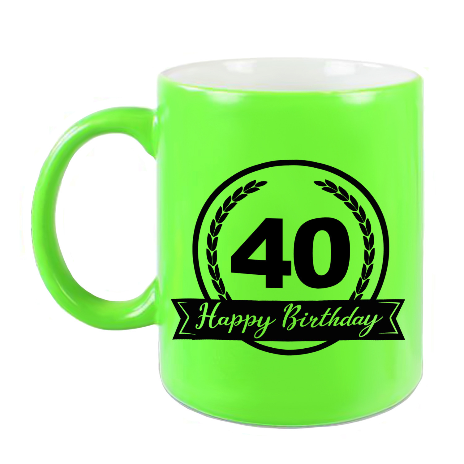 Happy Birthday 40 years cadeau mok-beker neon groen met wimpel 330 ml