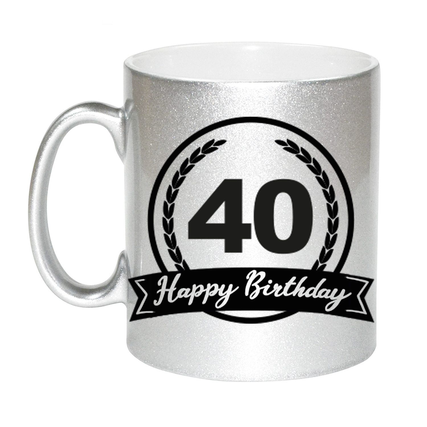 Happy Birthday 40 years zilveren cadeau mok-beker met wimpel 330 ml