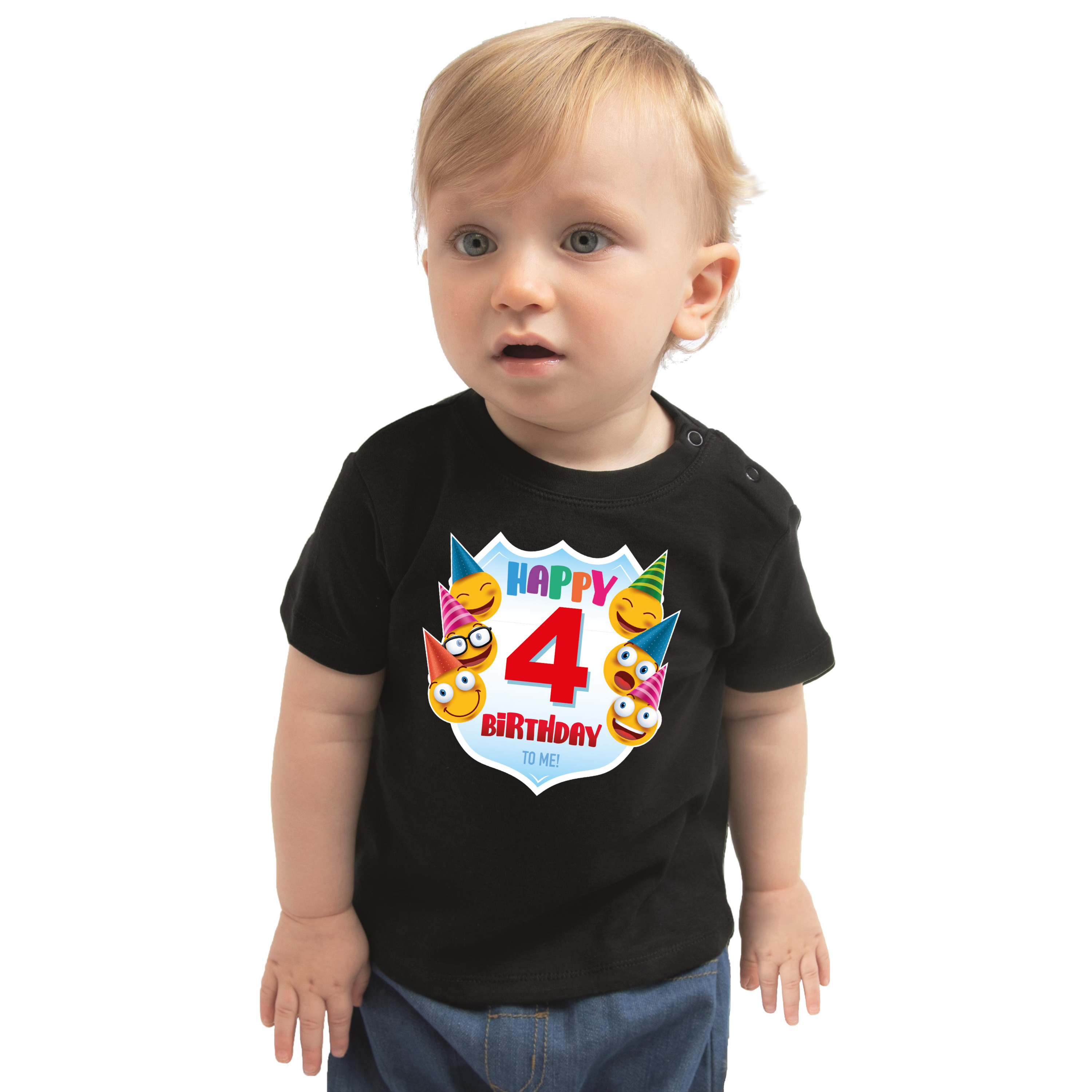 Happy birthday 4e verjaardag t-shirt - shirt 4 jaar met emoticons zwart voor peuters - kinderen