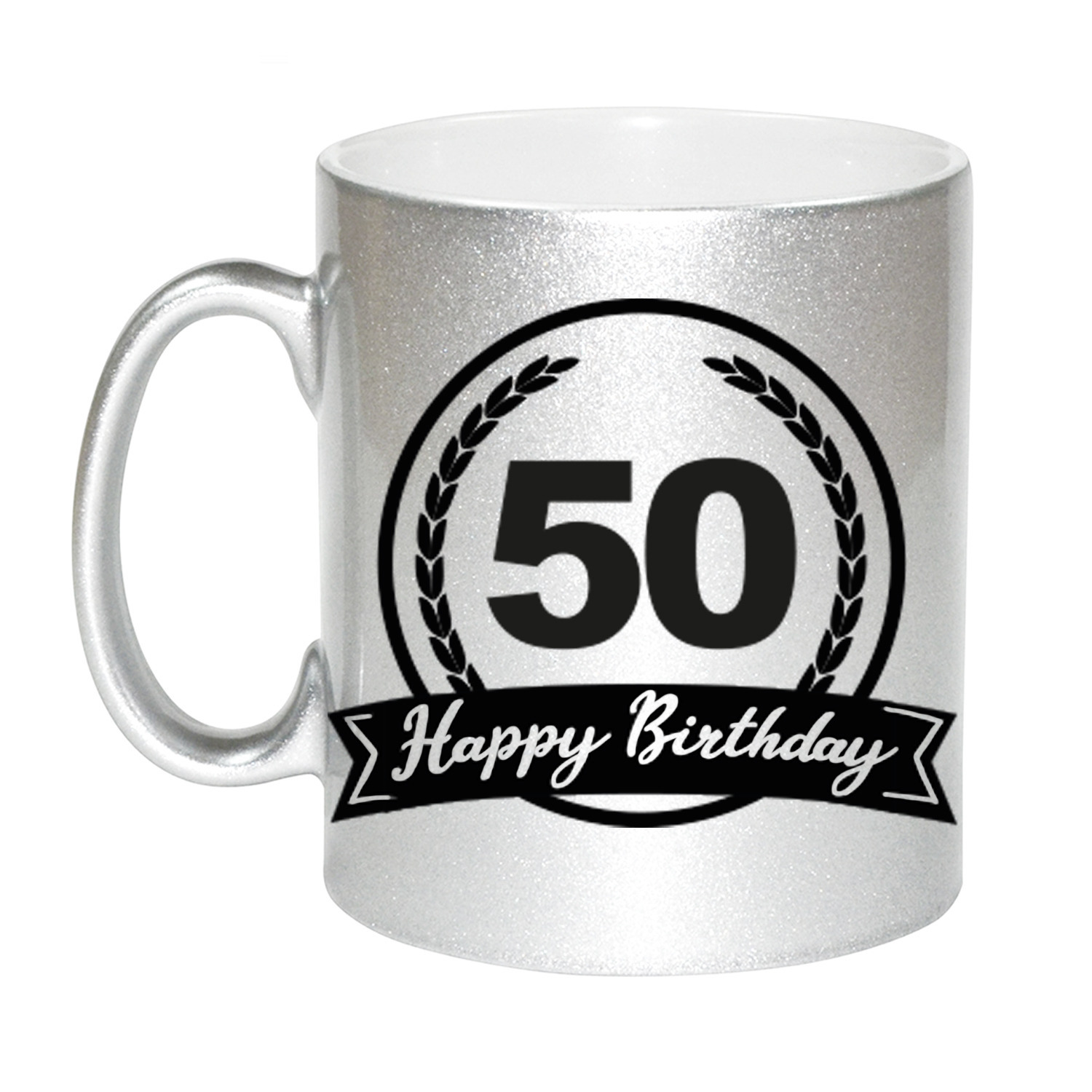 Happy Birthday 50 years zilveren cadeau mok-beker met wimpel 330 ml
