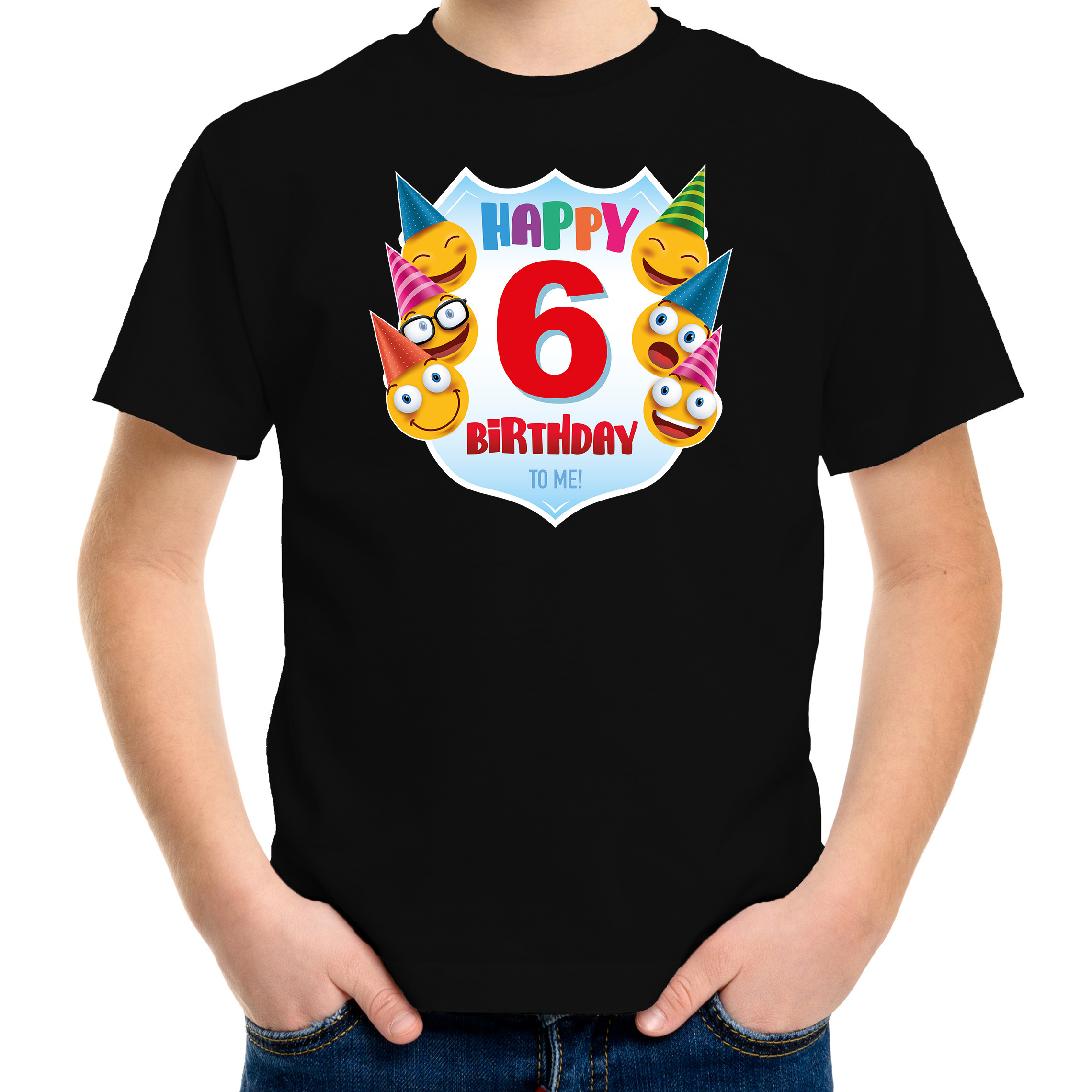 Happy birthday 6e verjaardag t-shirt - shirt 6 jaar met emoticons zwart voor kleuters - kinderen