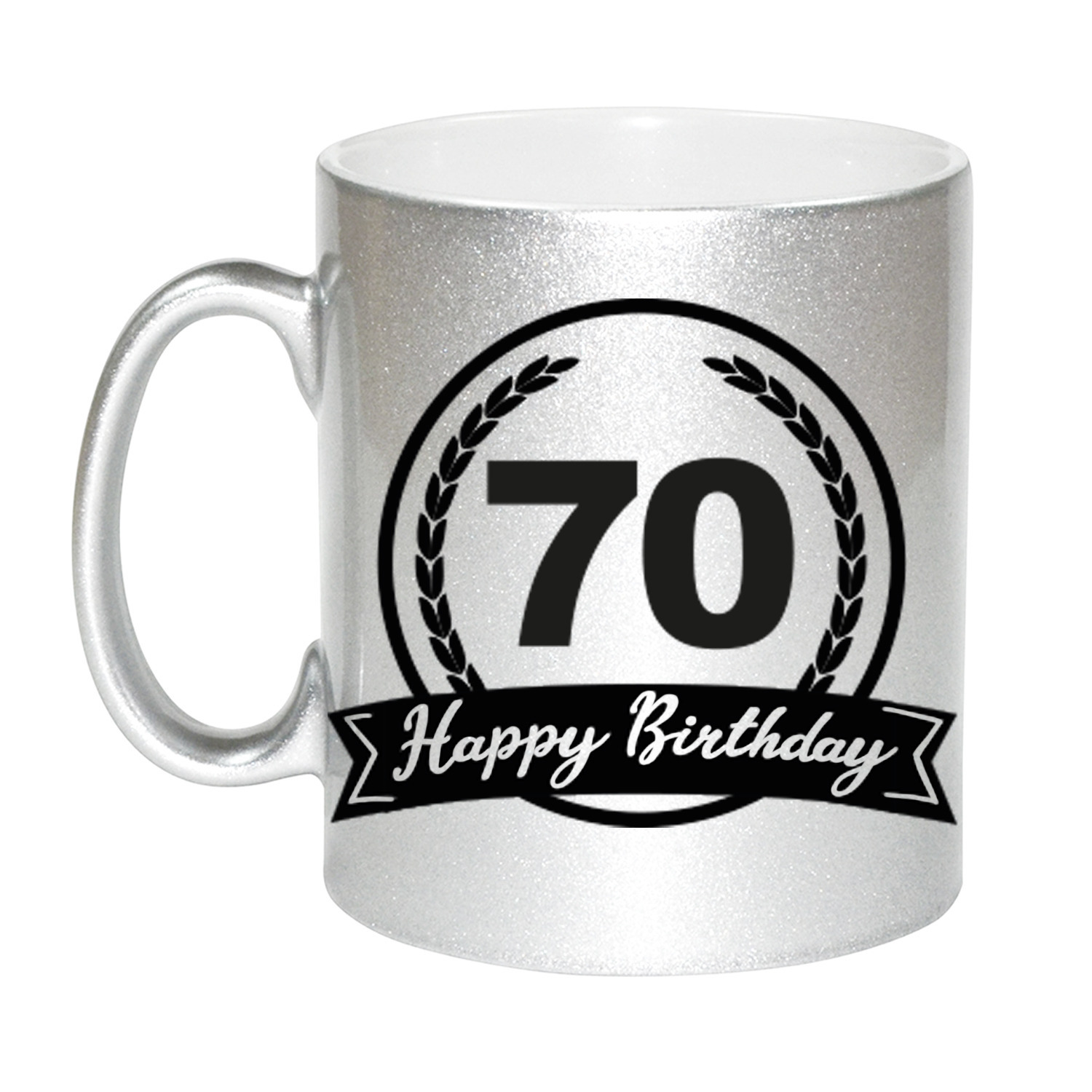 Happy Birthday 70 years zilveren cadeau mok-beker met wimpel 330 ml